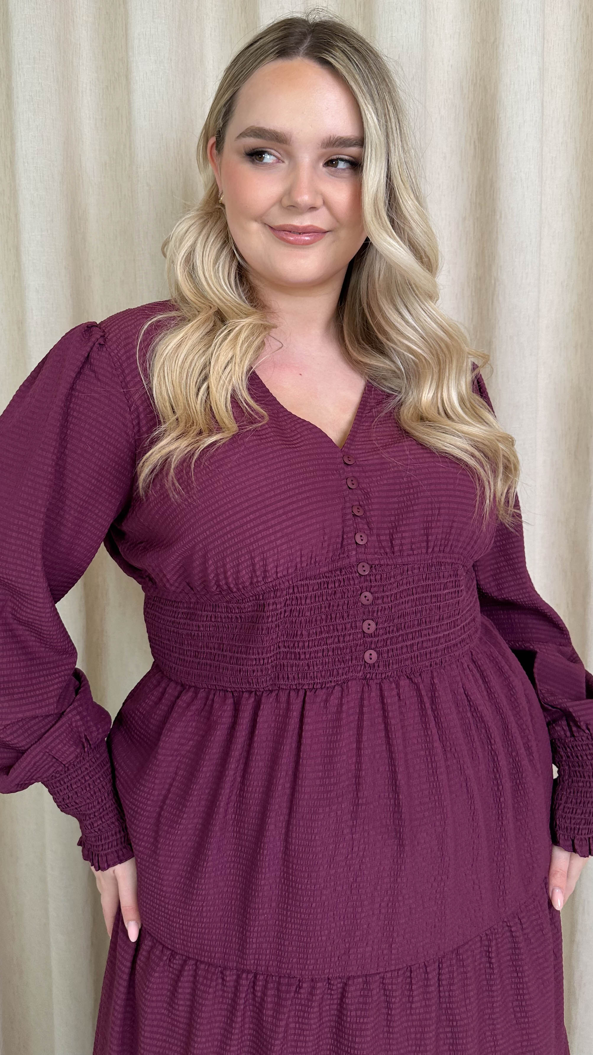 CurveWow Textured Button Front Shirred Waist Maxi Dress Plum