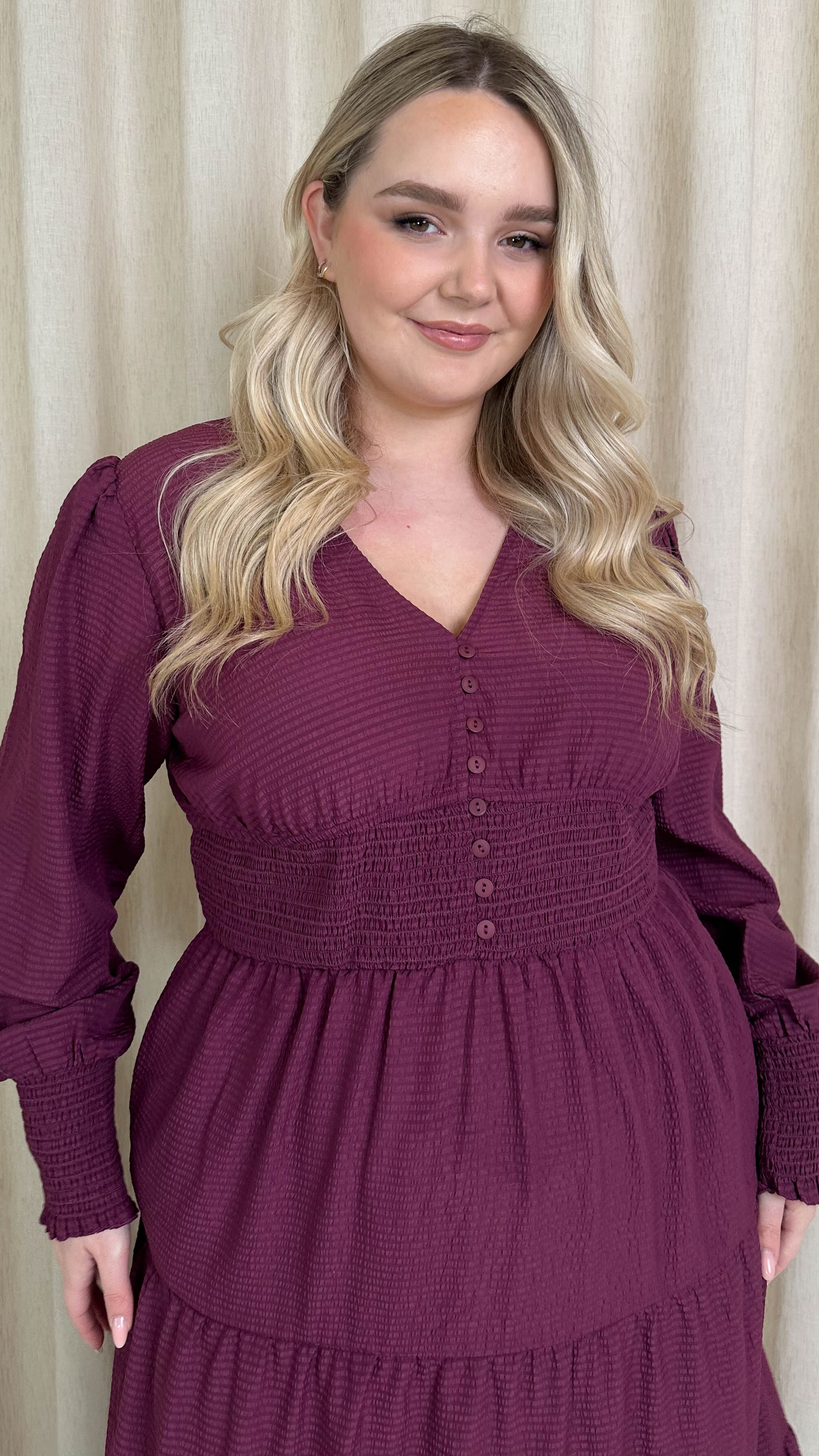 CurveWow Textured Button Front Shirred Waist Maxi Dress Plum