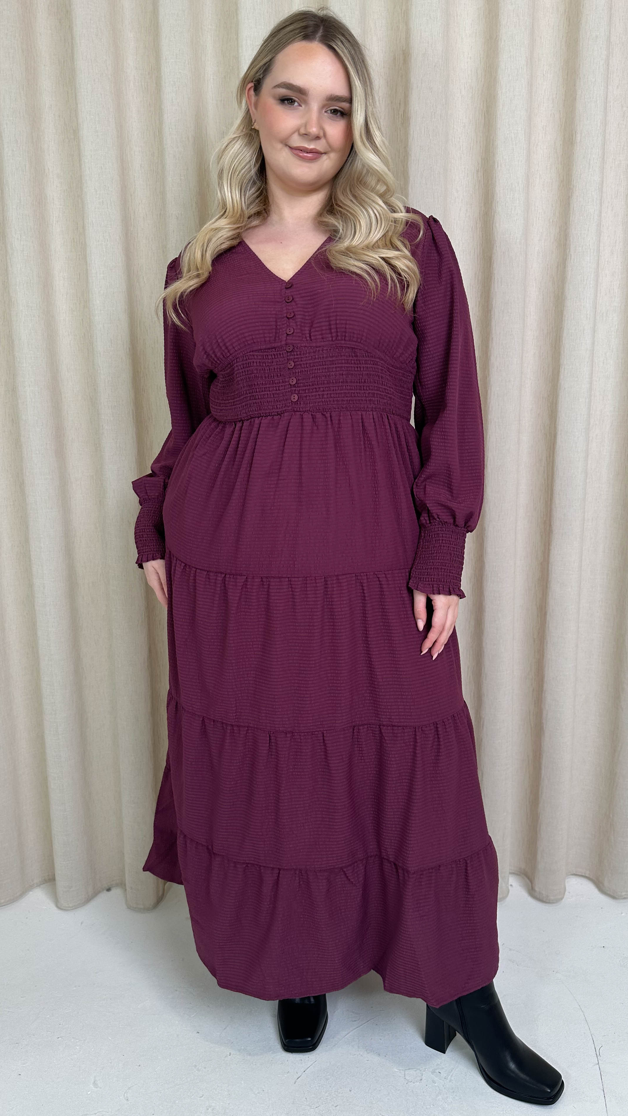 CurveWow Textured Button Front Shirred Waist Maxi Dress Plum