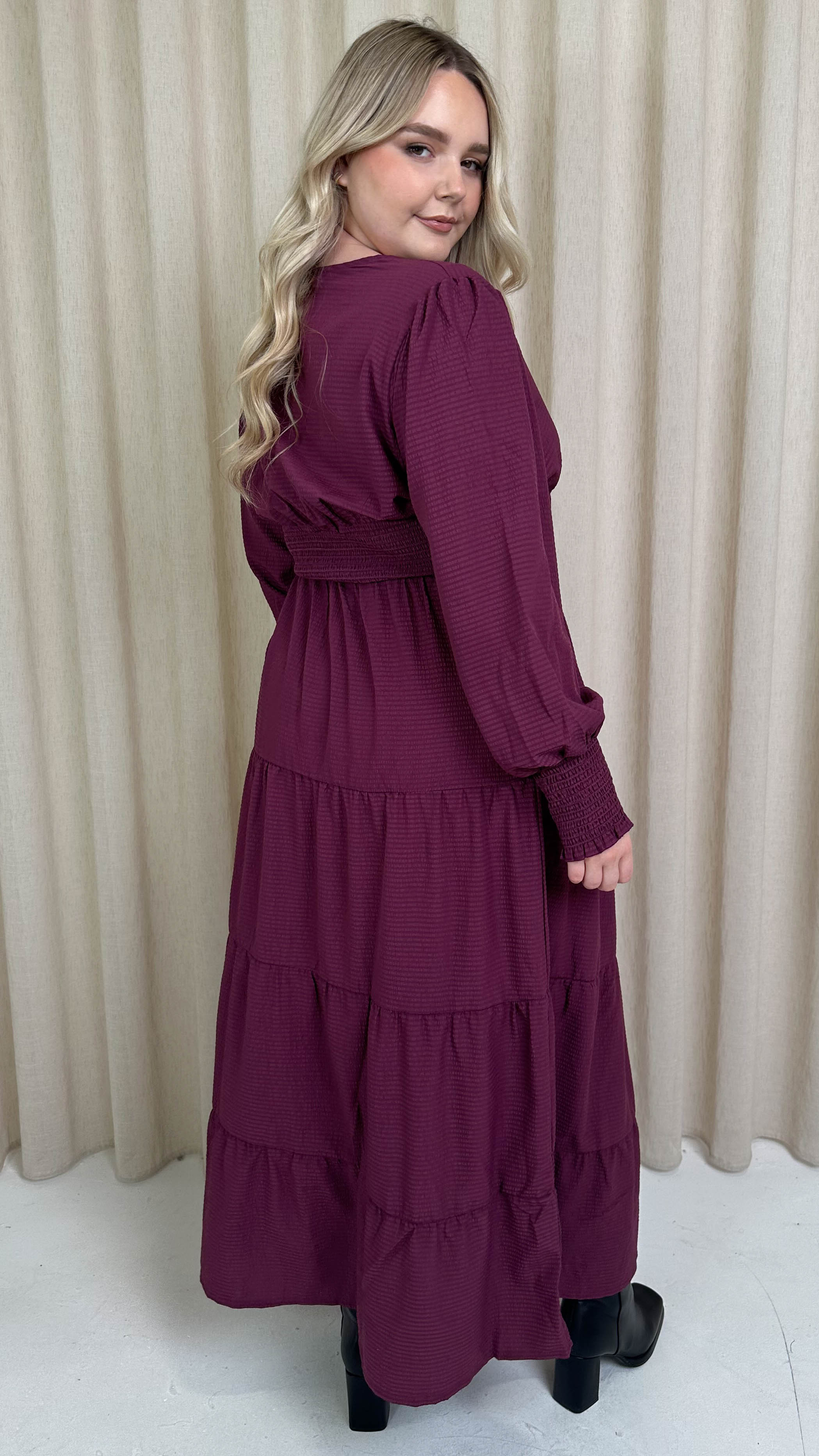 CurveWow Textured Button Front Shirred Waist Maxi Dress Plum