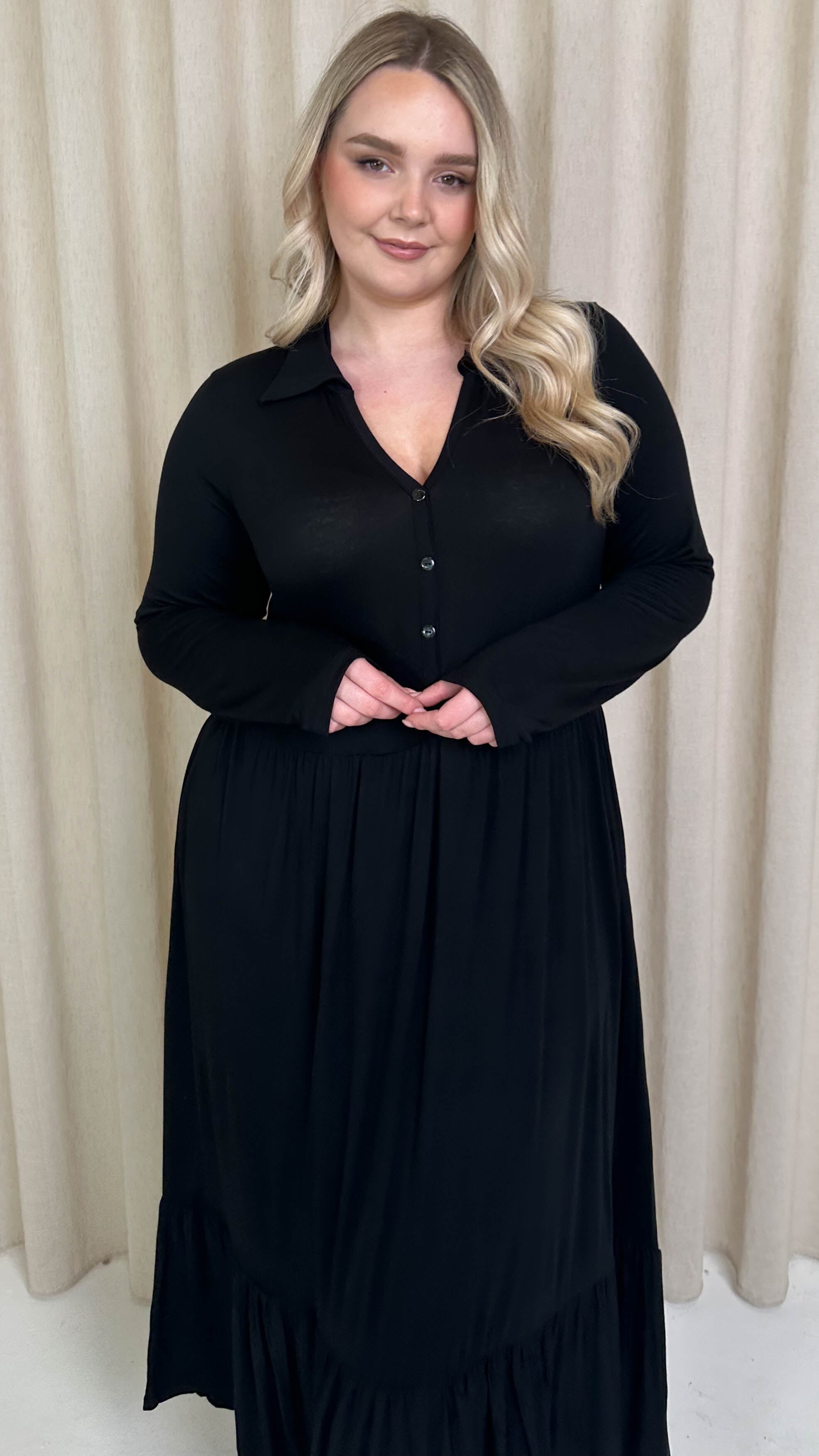 CurveWow Collared Button Smock Dress Black