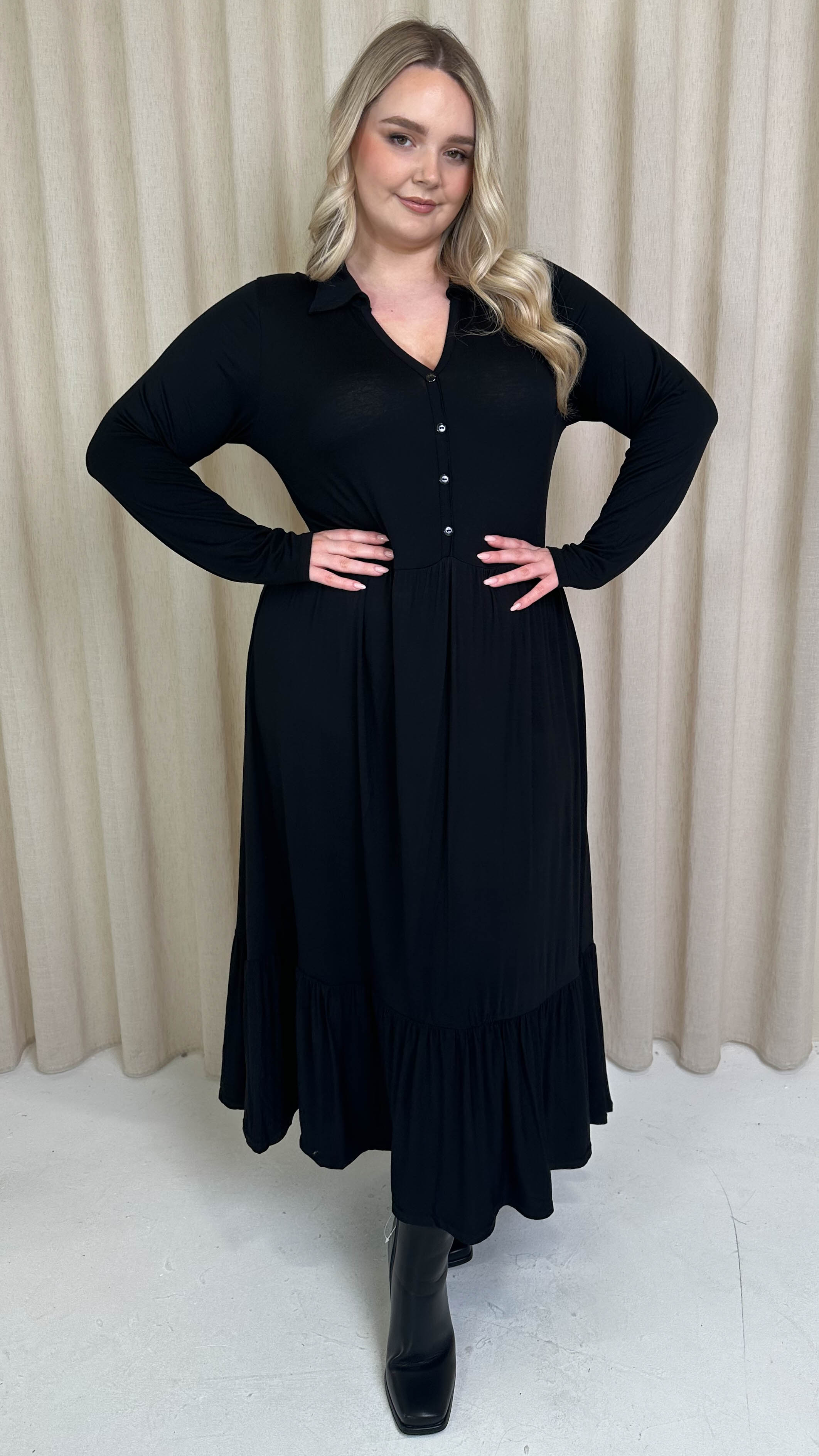 CurveWow Collared Button Smock Dress Black