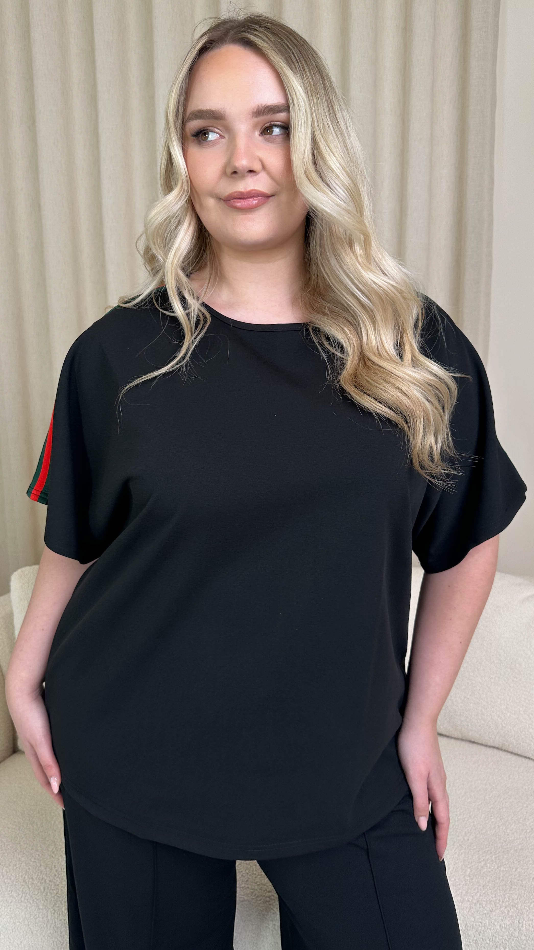 CurveWow Tape Shoulder Boxy Top Co-Ord Black