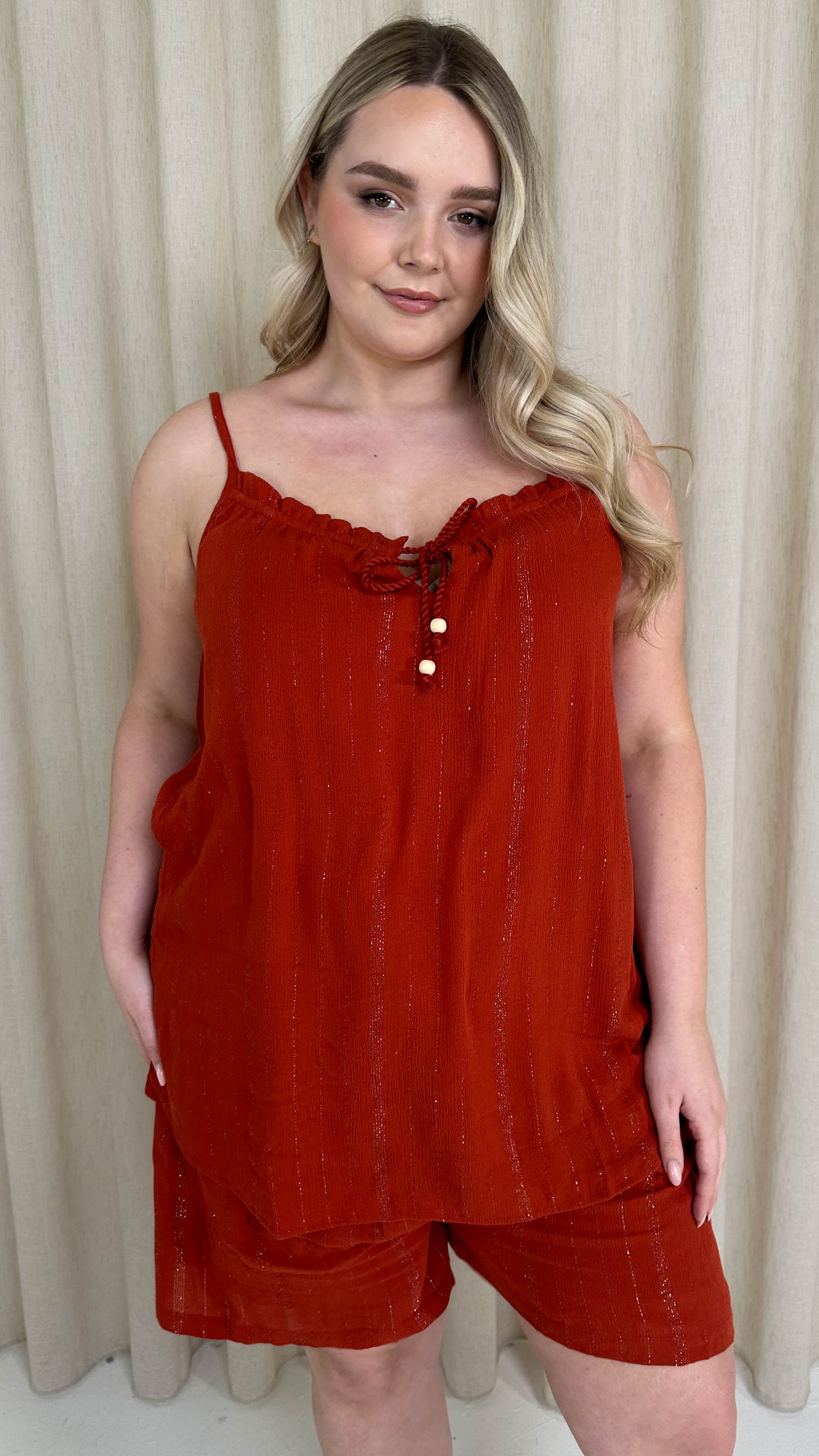 CurveWow Crepe Lurex Cami Top Rust