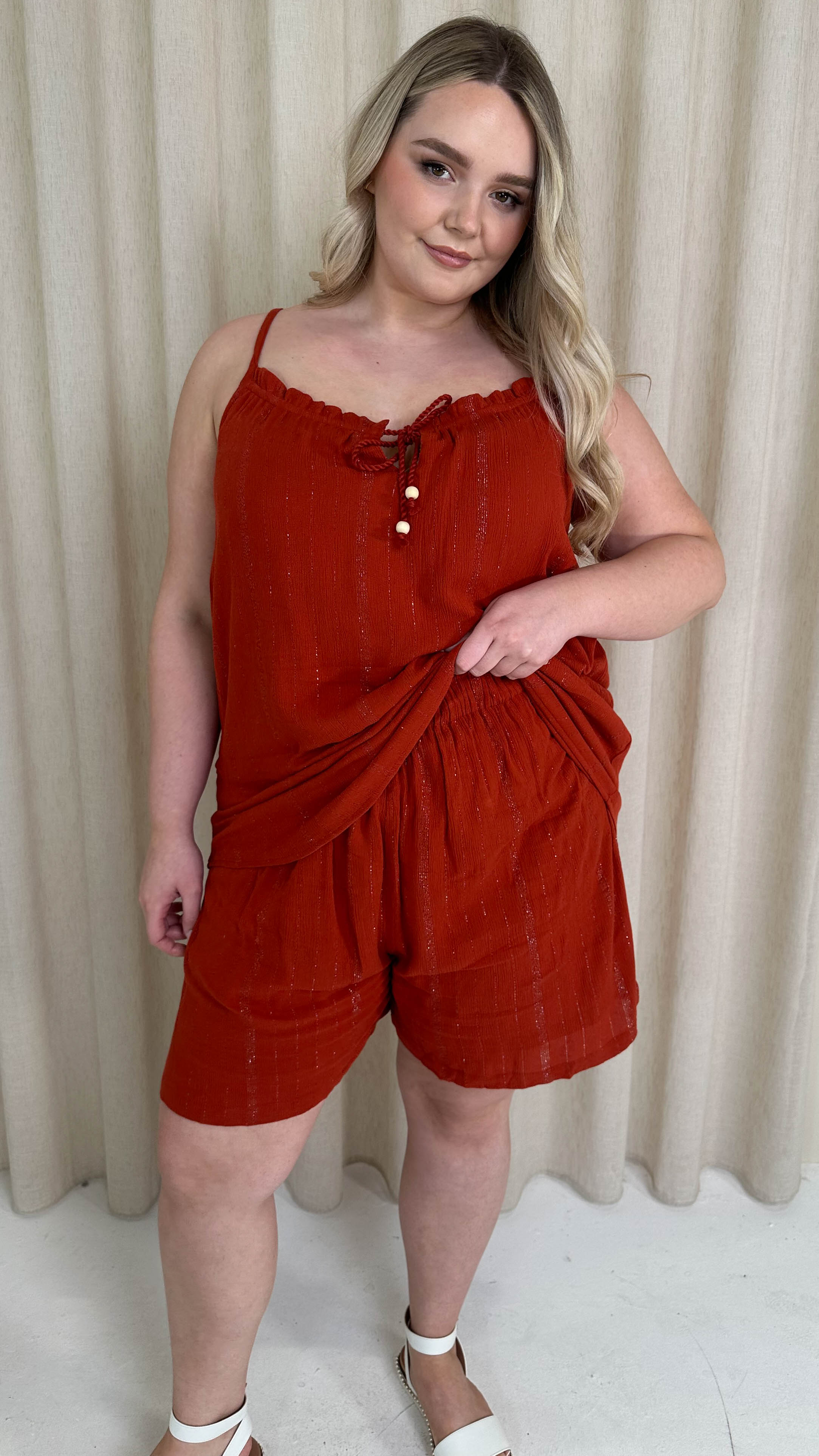 CurveWow Crepe Lurex Shorts Rust