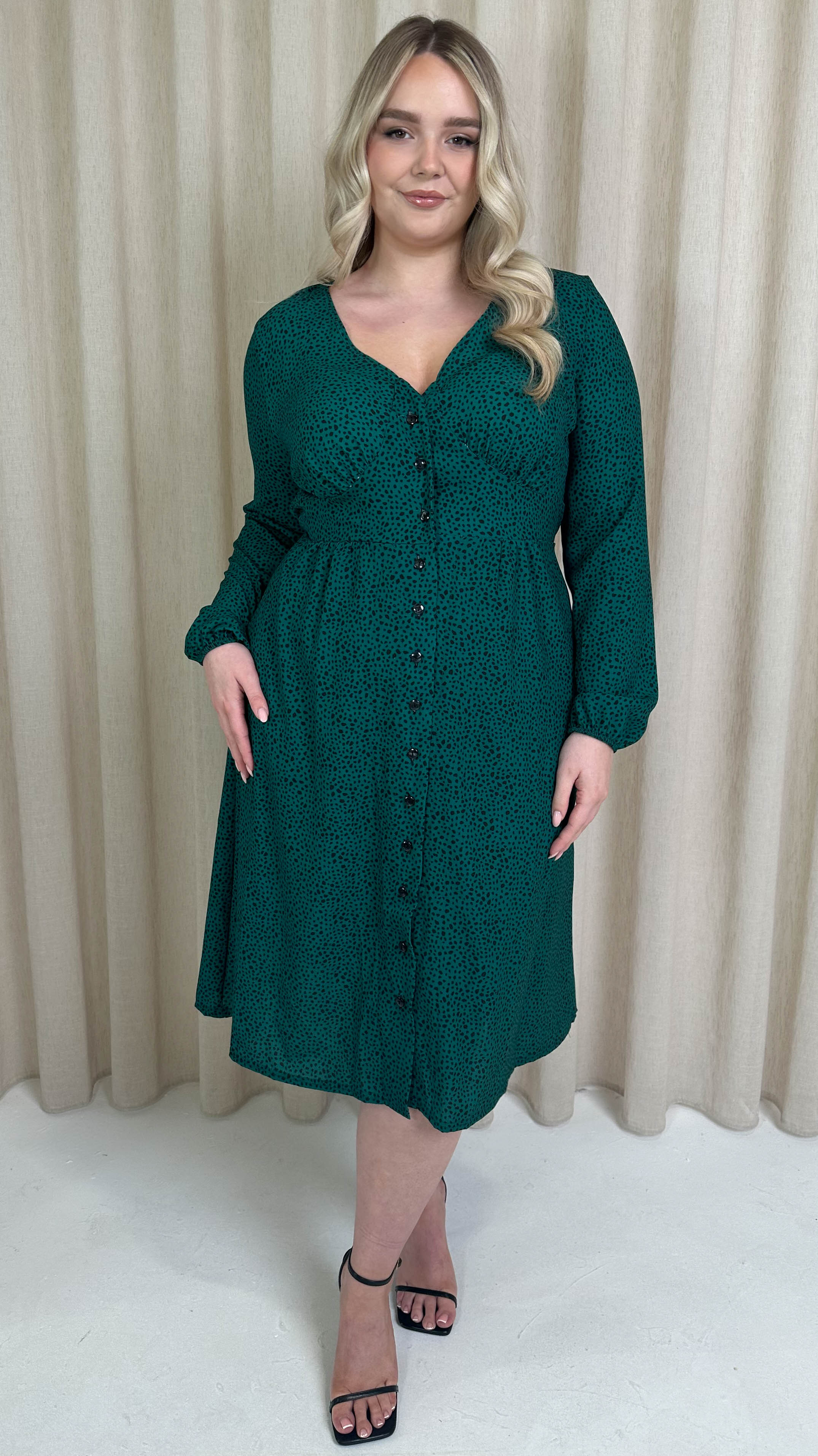 CurveWow Woven Button Front Dress Green Animal