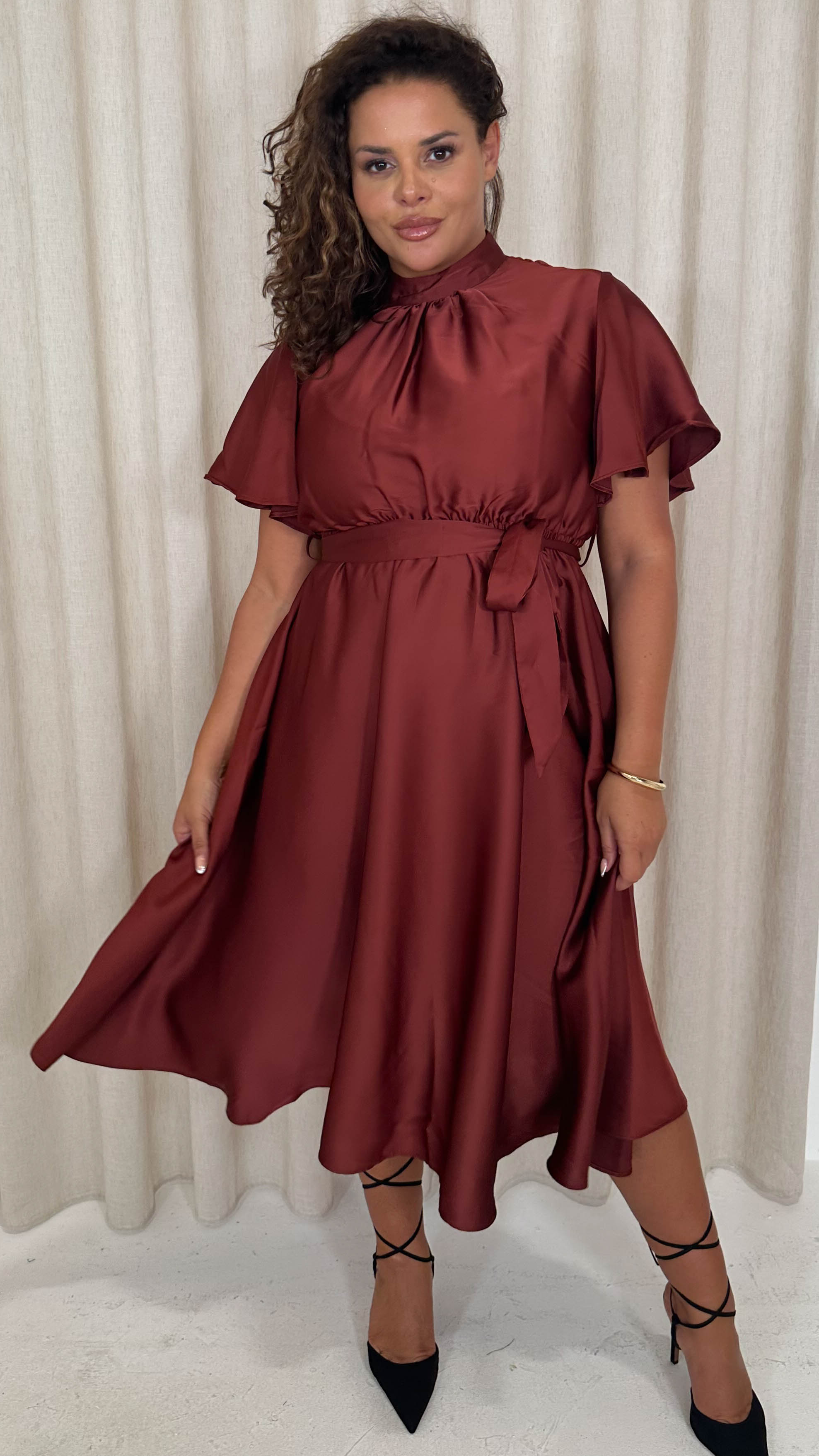 angel sleeve midi dress Blush Oasis Satin Twist Front Angel Sleeve Midi Bridesmaid Dress