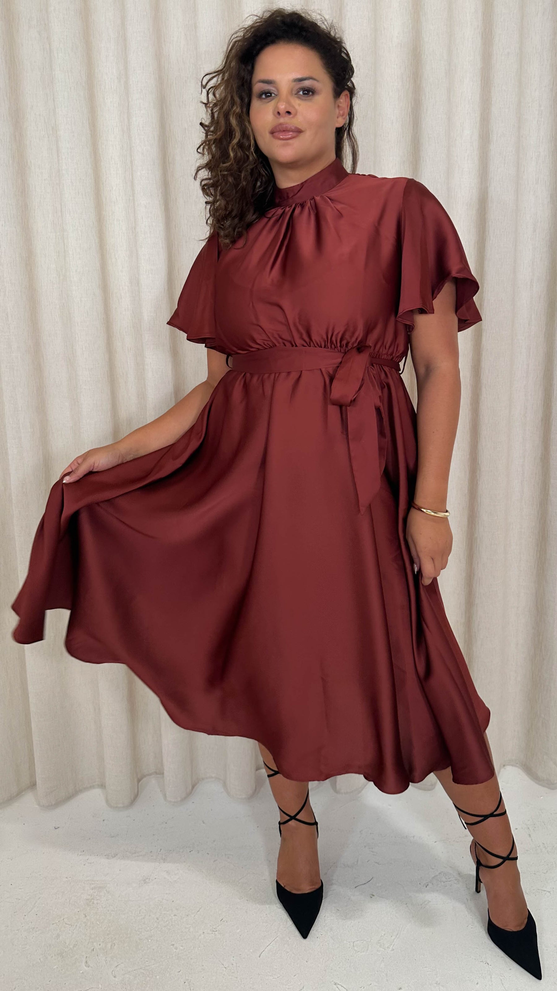 CurveWow High Neck Angel Sleeve Midi Dress Dark Rust Curvewow CurveWow High Neck Angel Sleeve Midi Dress Dark Rust Curvewow