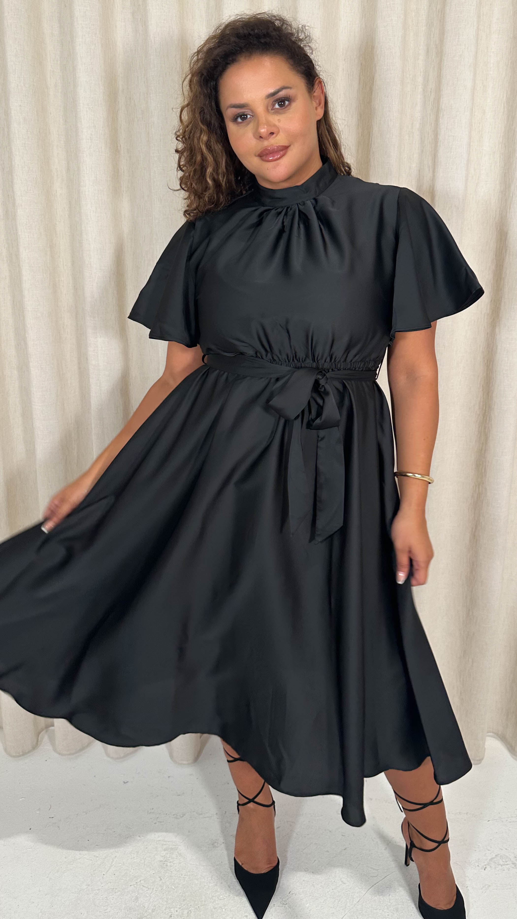 CurveWow High Neck Angel Sleeve Pleated Midi Dress Black