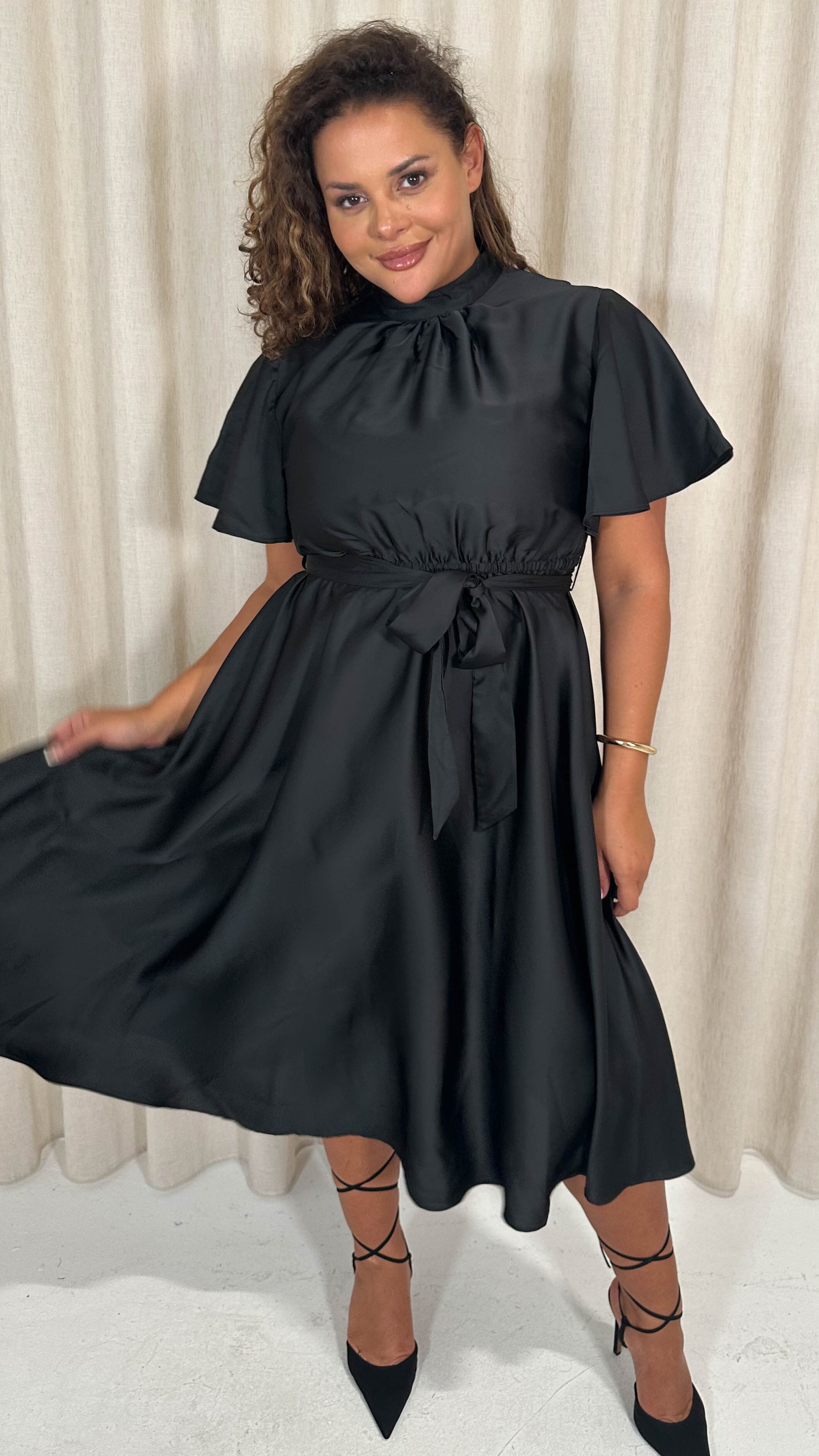 CurveWow High Neck Angel Sleeve Pleated Midi Dress Black Curvewow CurveWow High Neck Angel Sleeve Pleated Midi Dress Black Curvewow