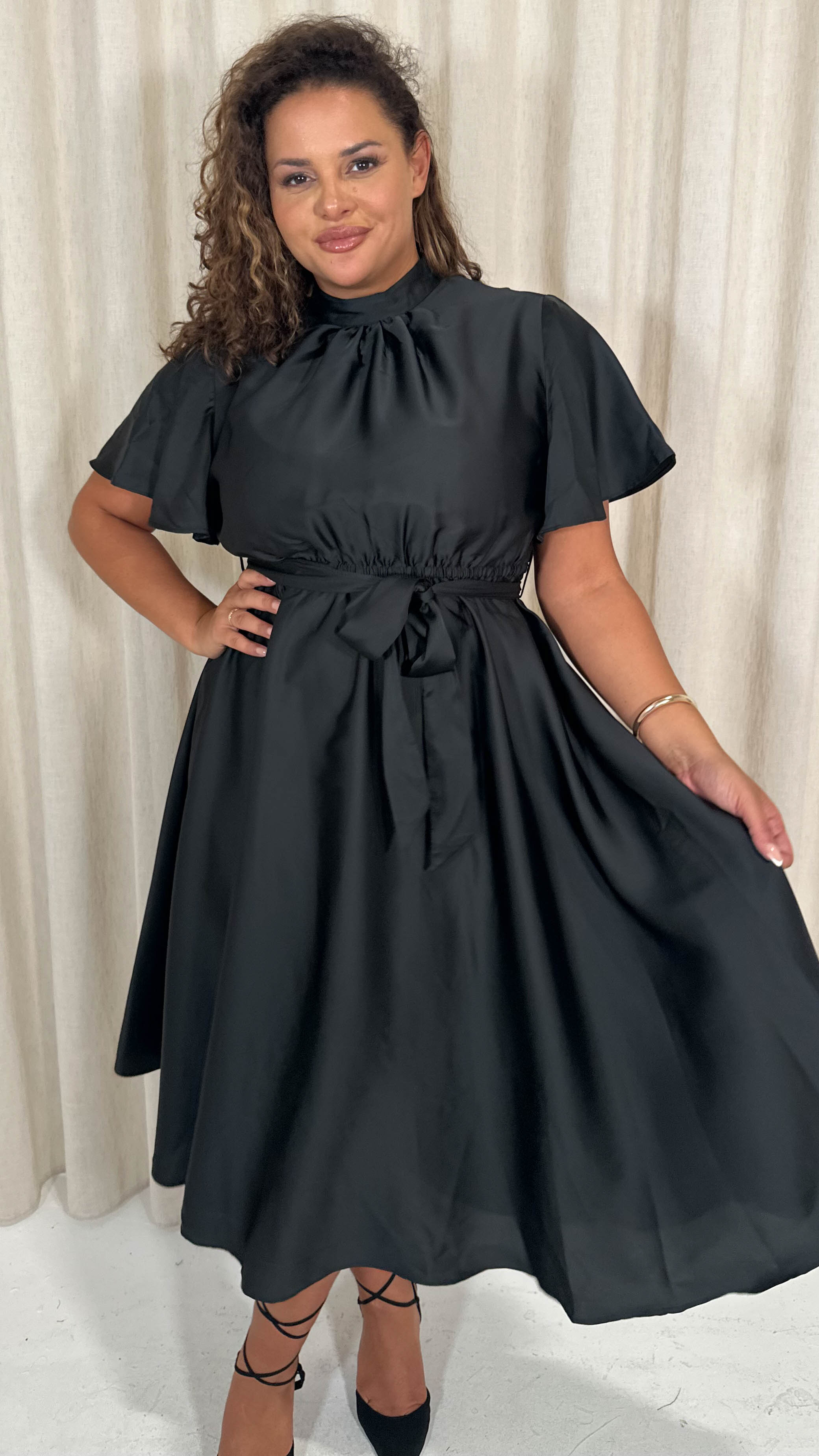 CurveWow High Neck Angel Sleeve Pleated Midi Dress Black