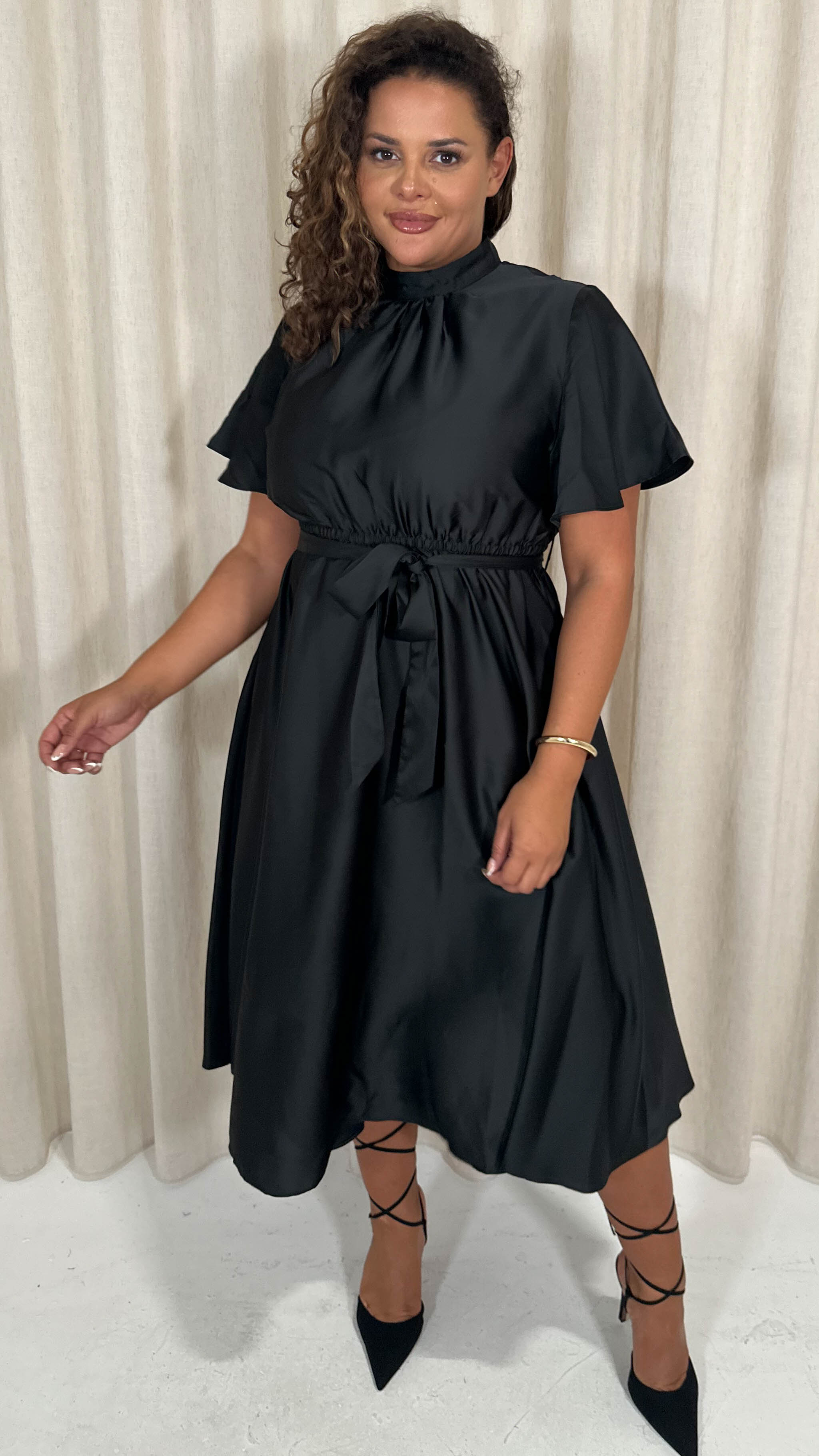 CurveWow High Neck Angel Sleeve Pleated Midi Dress Black