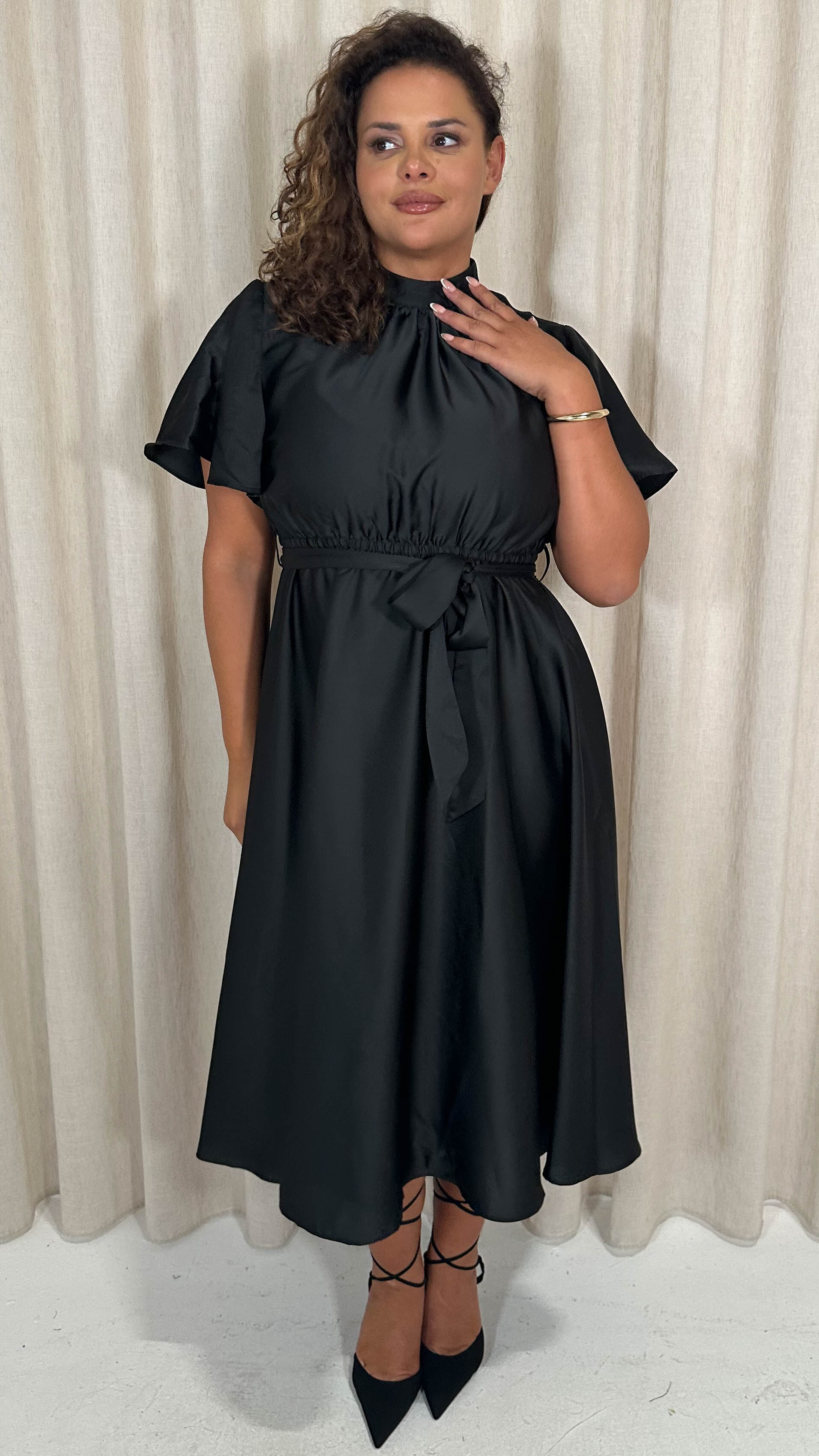 CurveWow High Neck Angel Sleeve Pleated Midi Dress Black