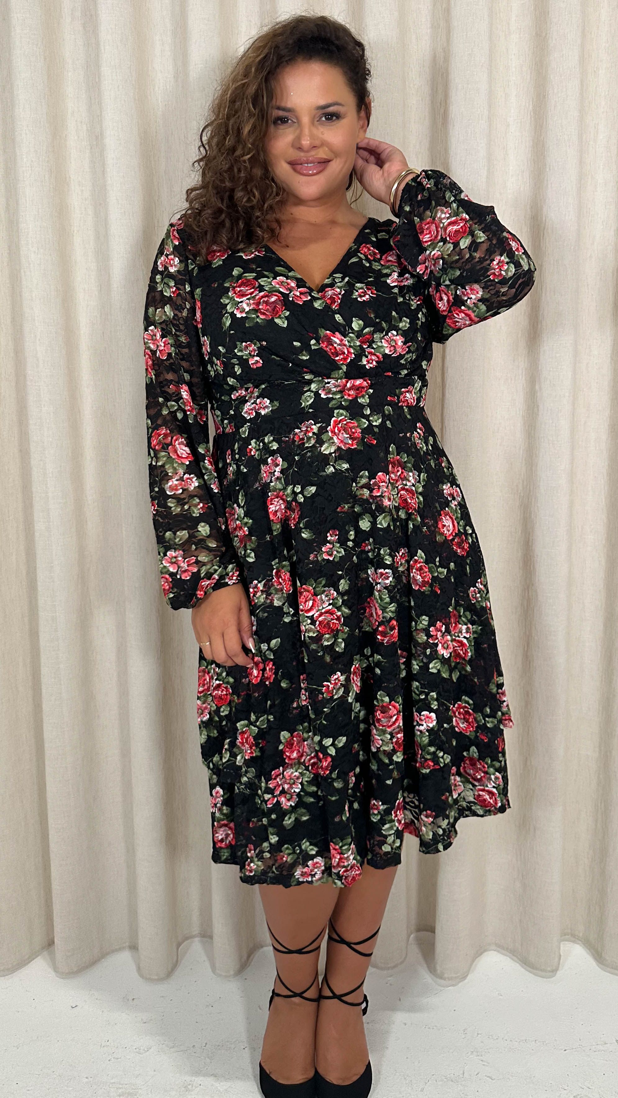 CurveWow Lace Plunge Ruffle Skater Dress Black Floral