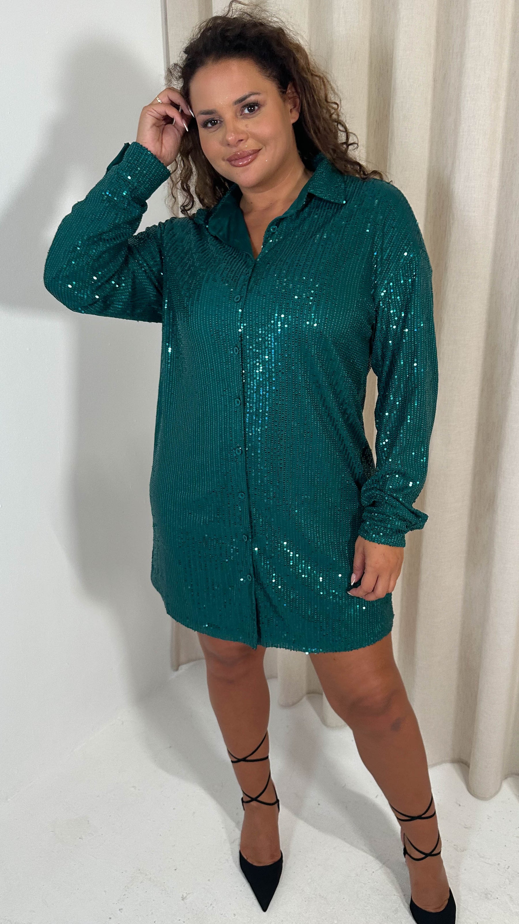 CurveWow Sequin Shirt Dress Green Curvewow CurveWow Sequin Shirt Dress Green Curvewow