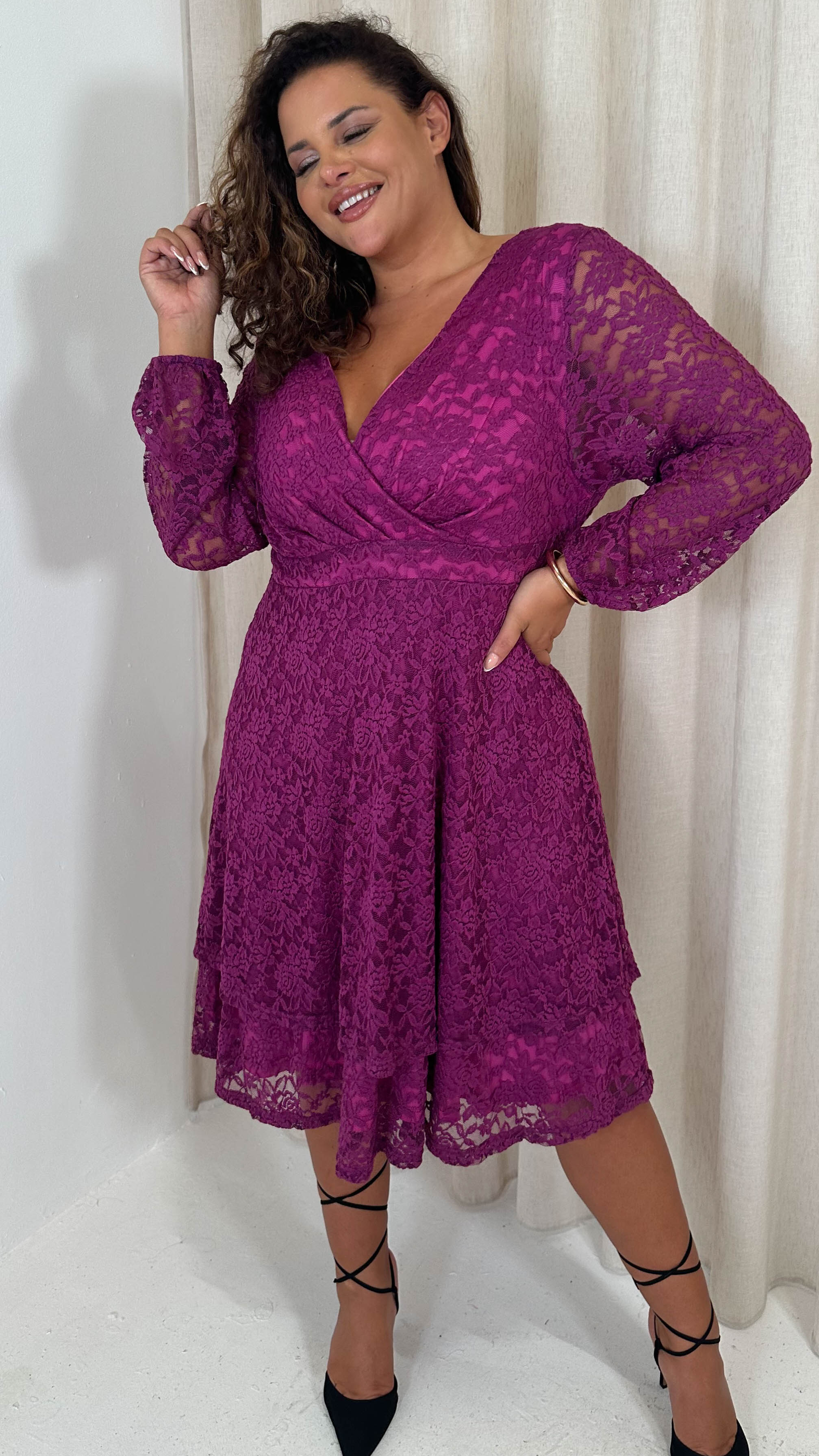 CurveWow Lace Plunge Ruffle Skater Dress Magenta