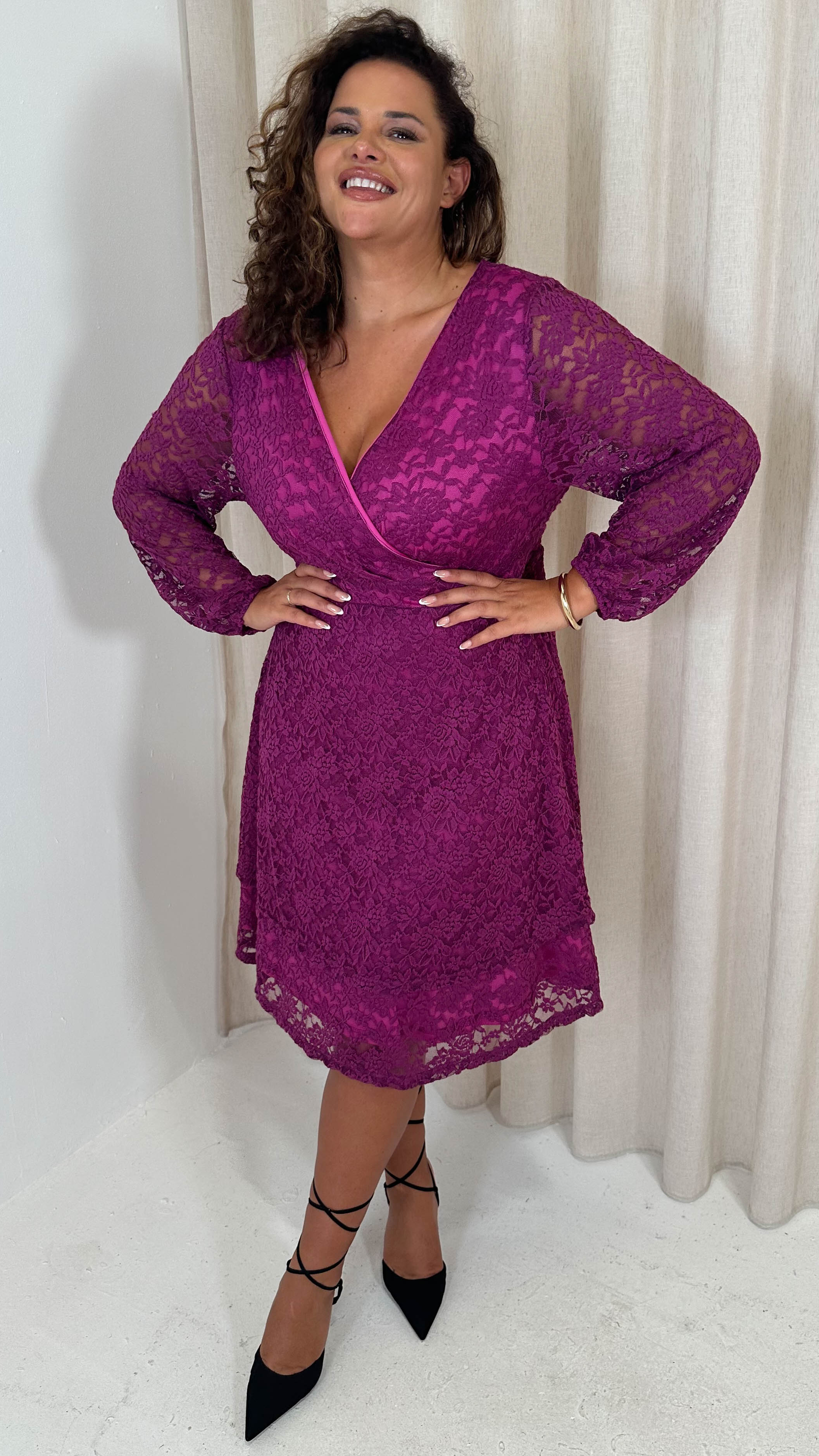 CurveWow Lace Plunge Ruffle Skater Dress Magenta