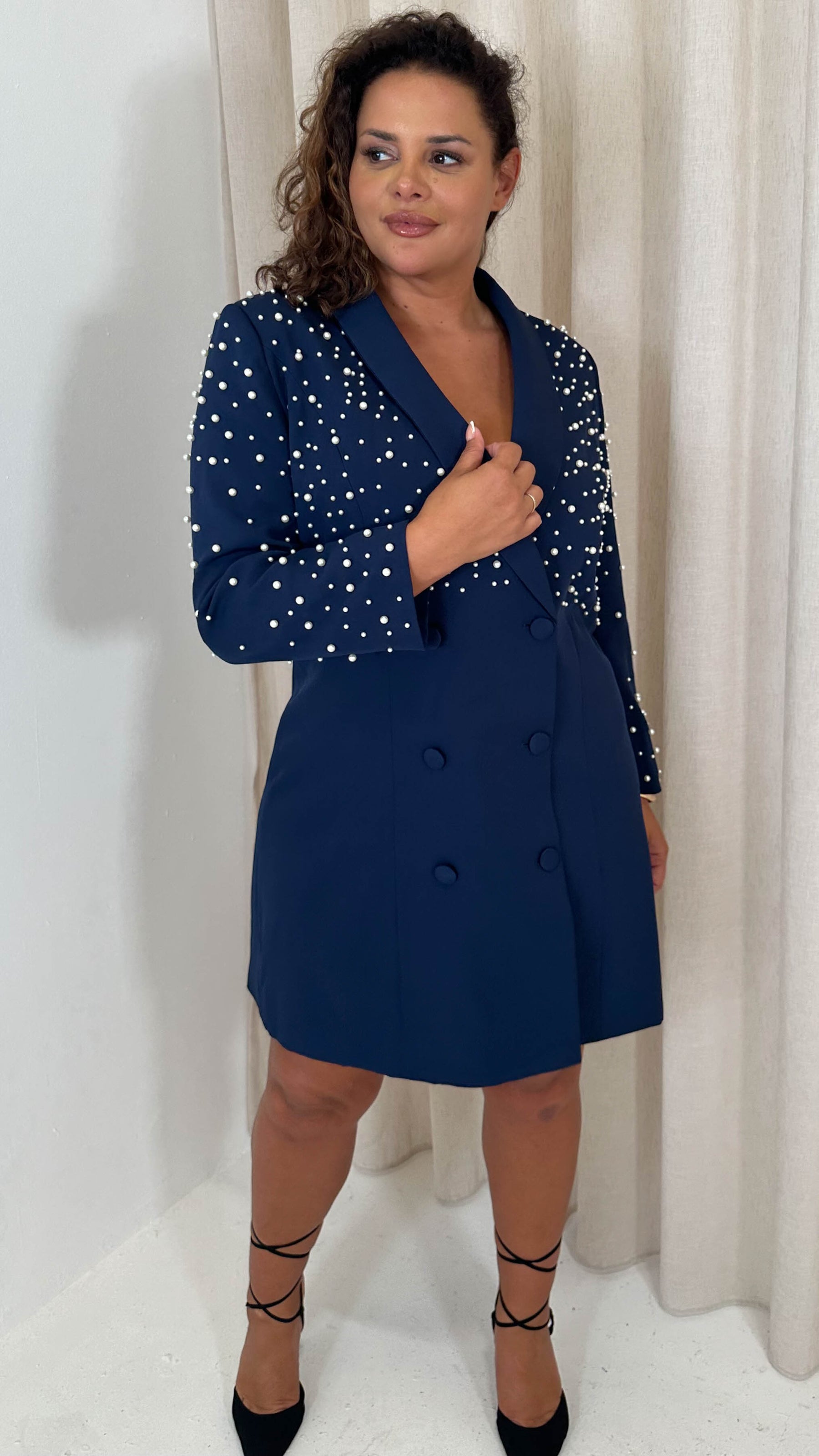 CurveWow Pearl Shoulder Blazer Dress Navy Curvewow CurveWow Pearl Shoulder Blazer Dress Navy Curvewow