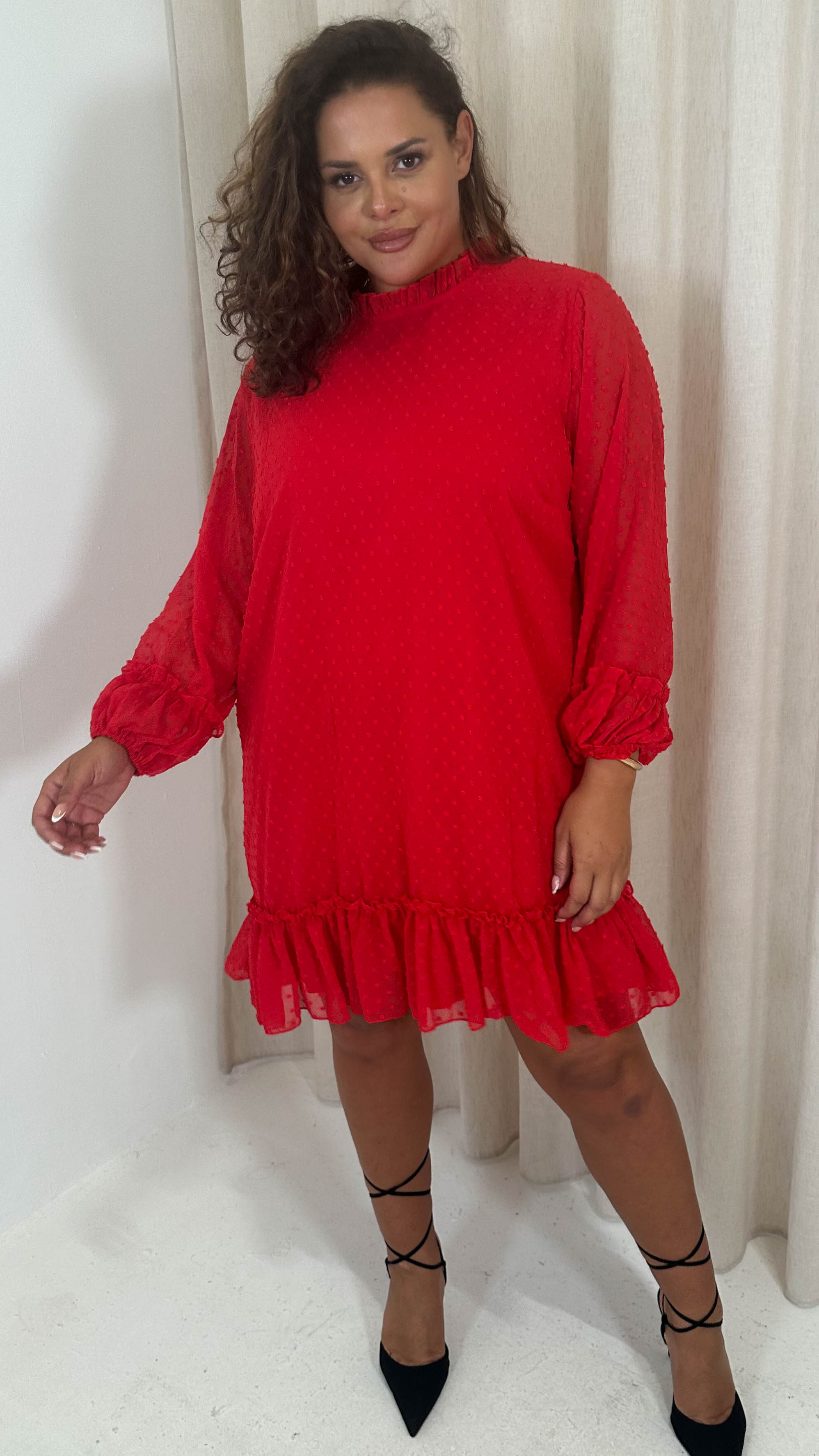 CurveWow High Neck Dobby Mesh Mini Dress Red