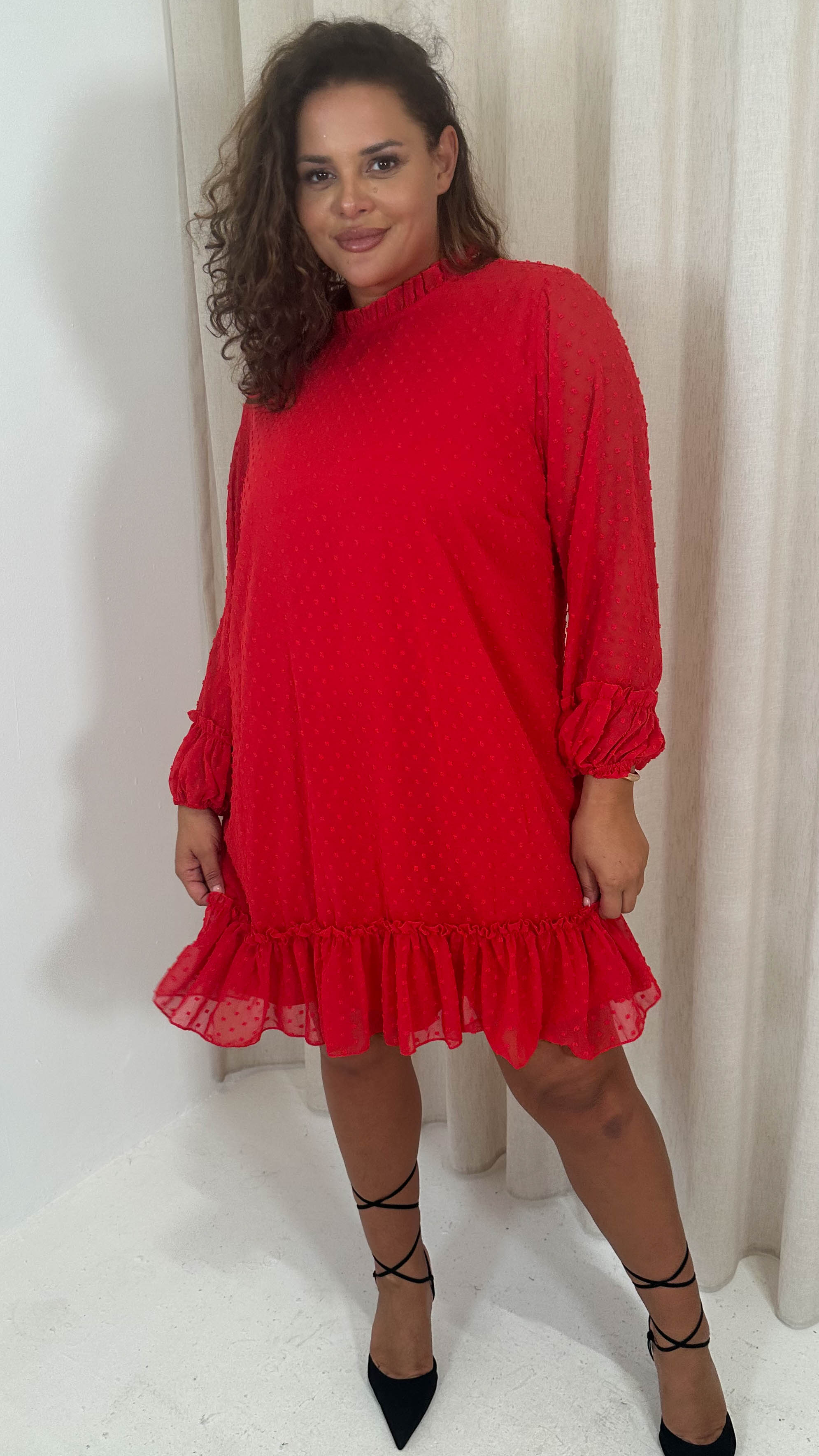 CurveWow High Neck Dobby Mesh Mini Dress Red