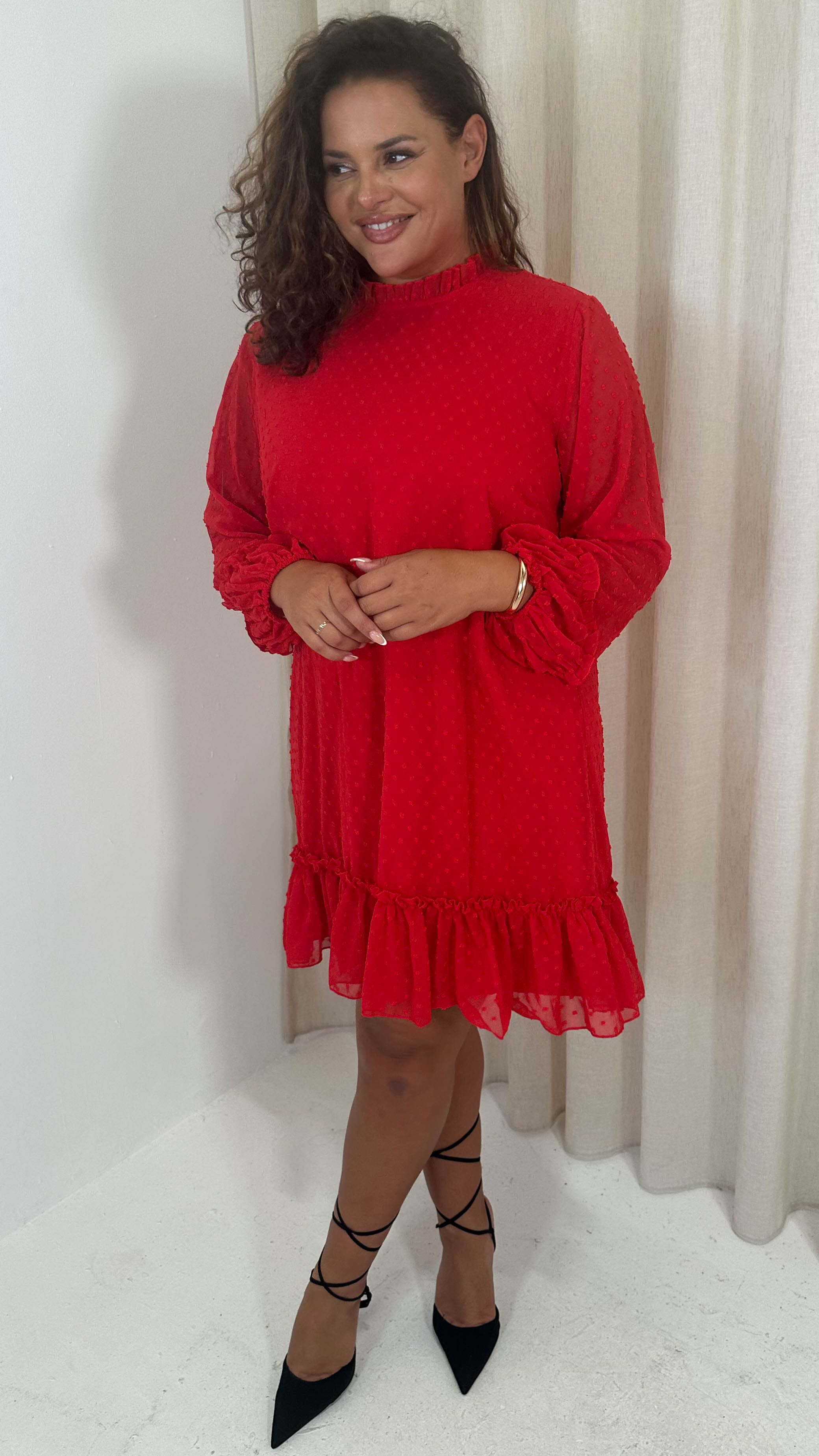 CurveWow High Neck Dobby Mesh Mini Dress Red