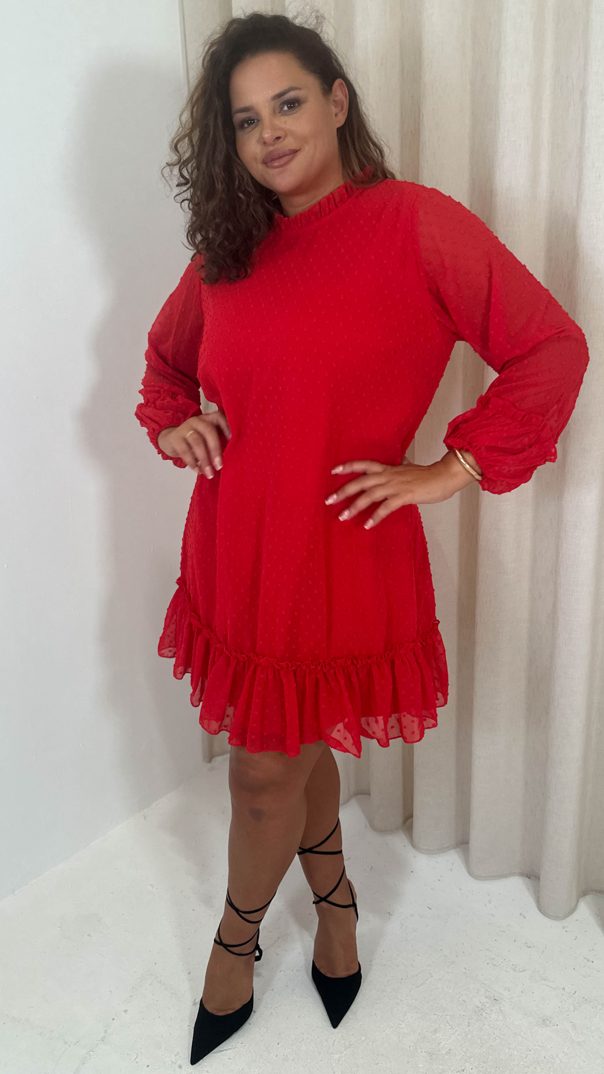 CurveWow High Neck Dobby Mesh Mini Dress Red