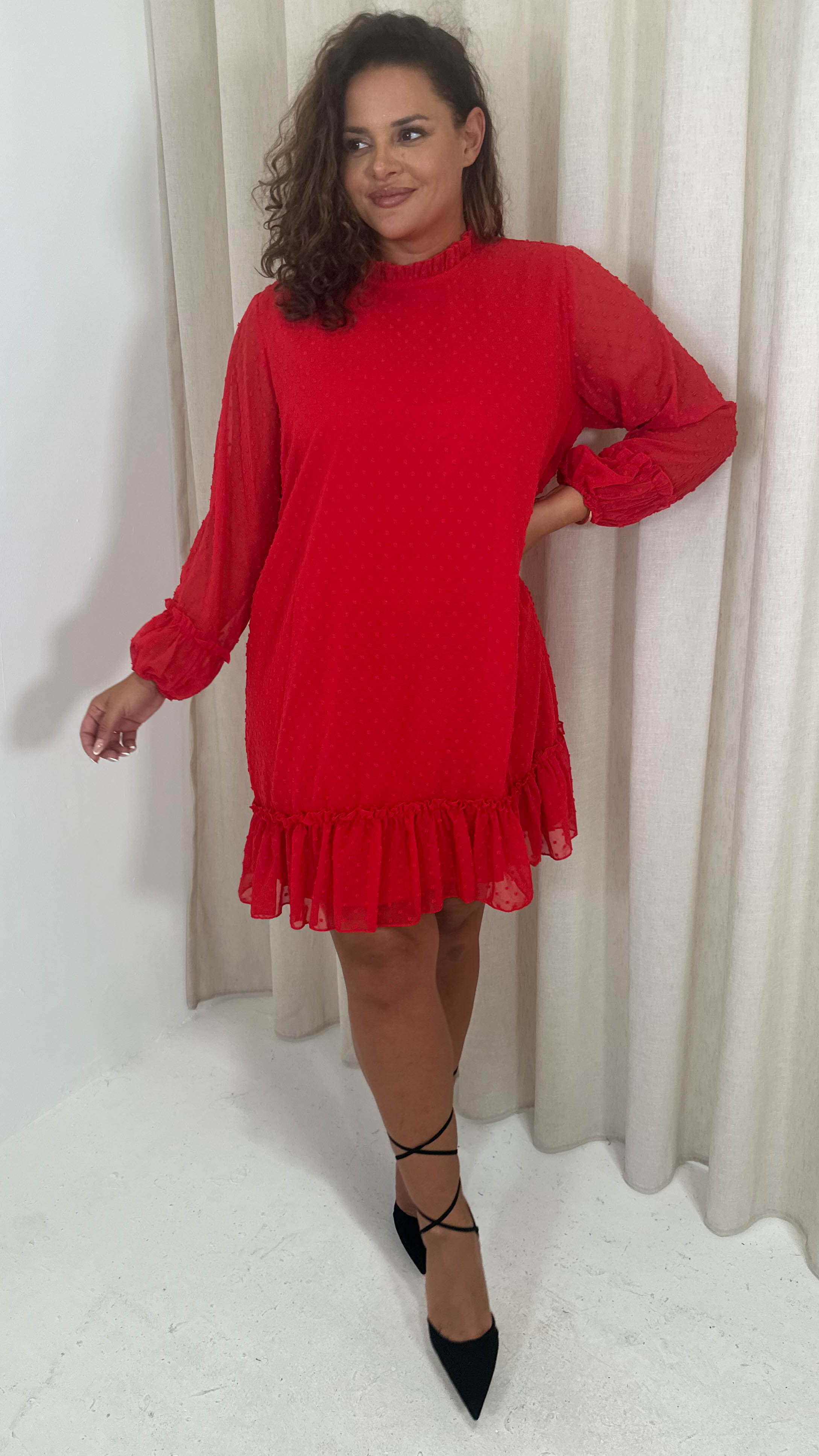 CurveWow High Neck Dobby Mesh Mini Dress Red