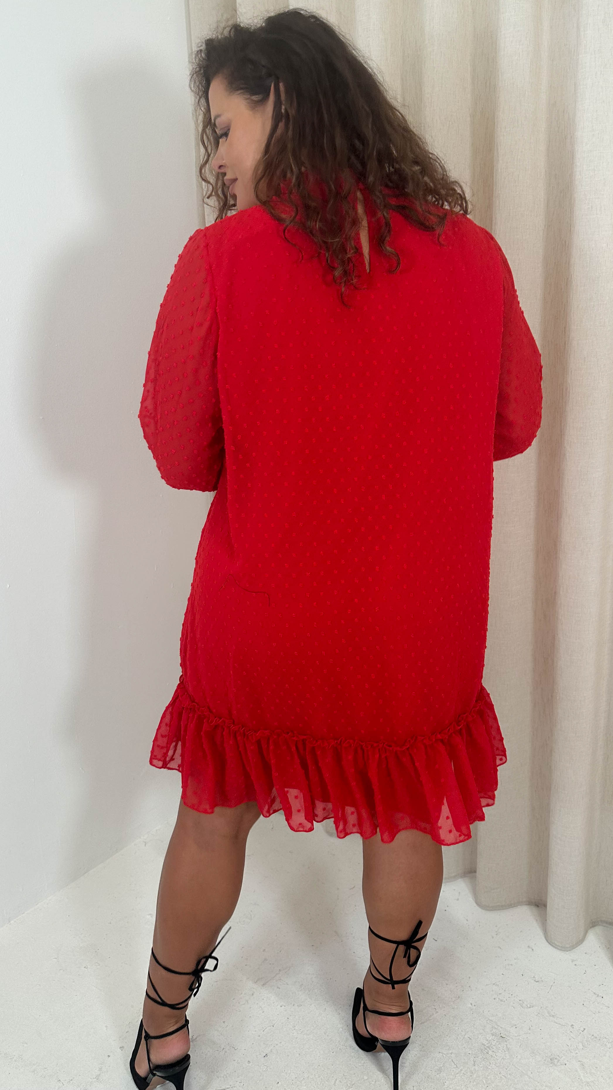 CurveWow High Neck Dobby Mesh Mini Dress Red