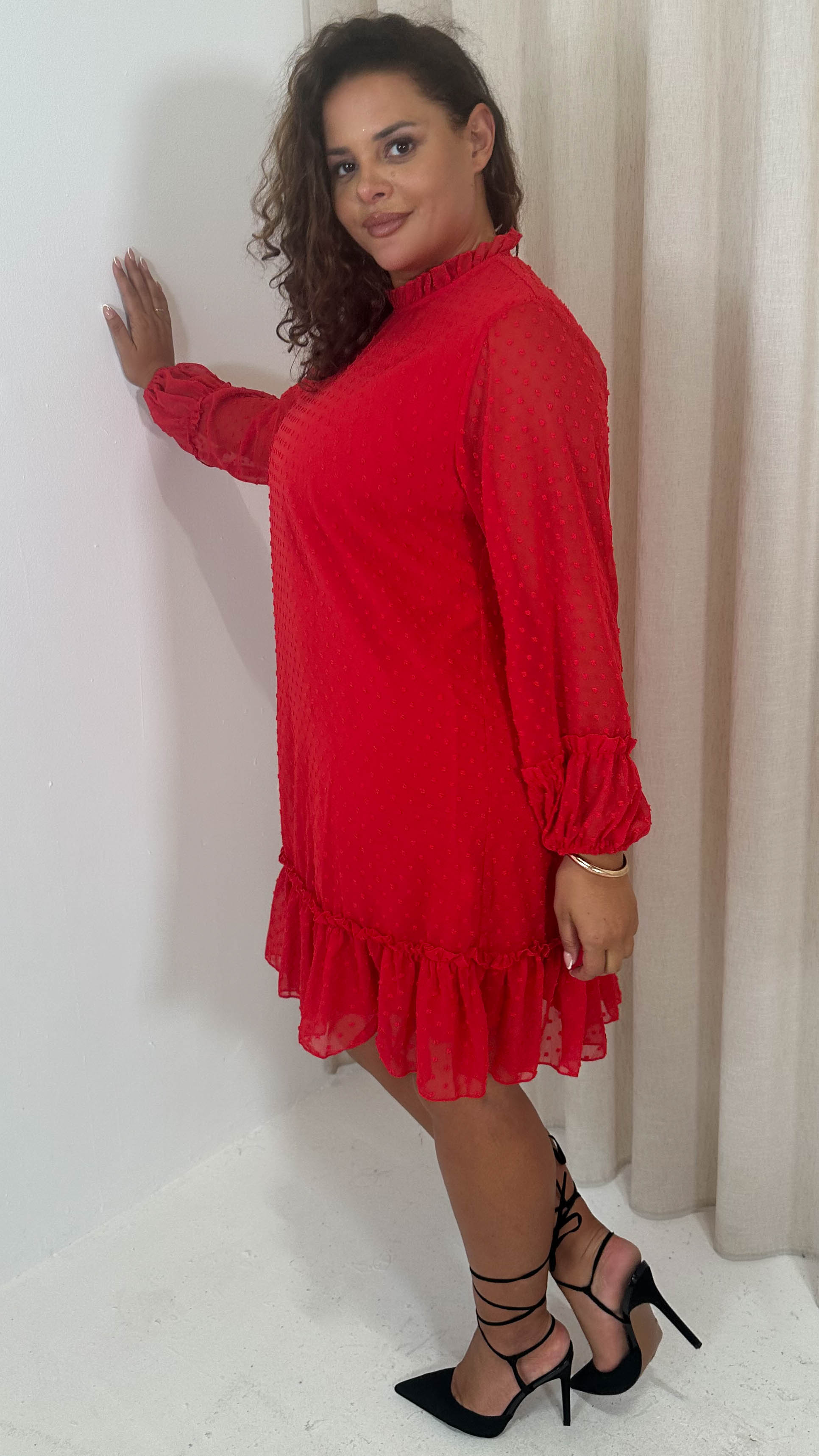 CurveWow High Neck Dobby Mesh Mini Dress Red