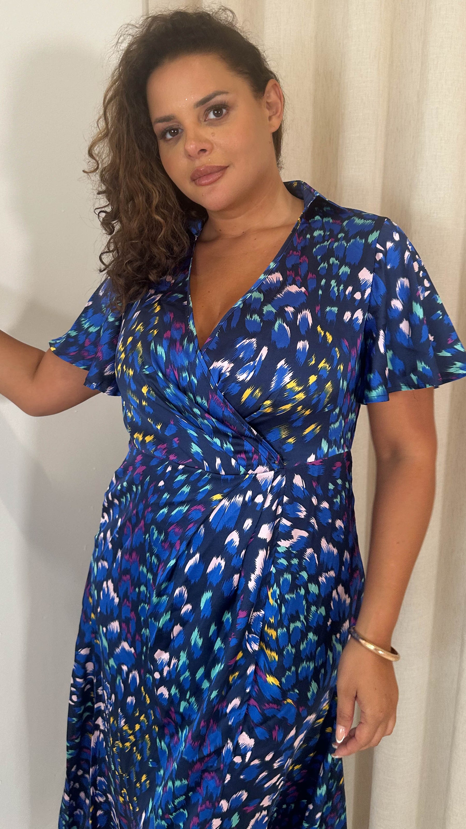 CurveWow Collared Wrap Printed Midi Dress Blue Animal Curvewow CurveWow Collared Wrap Printed Midi Dress Blue Animal Curvewow