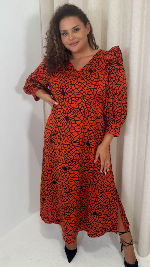 CurveWow Ruffle Shoulder V Neck Midi Dress Rust Grid