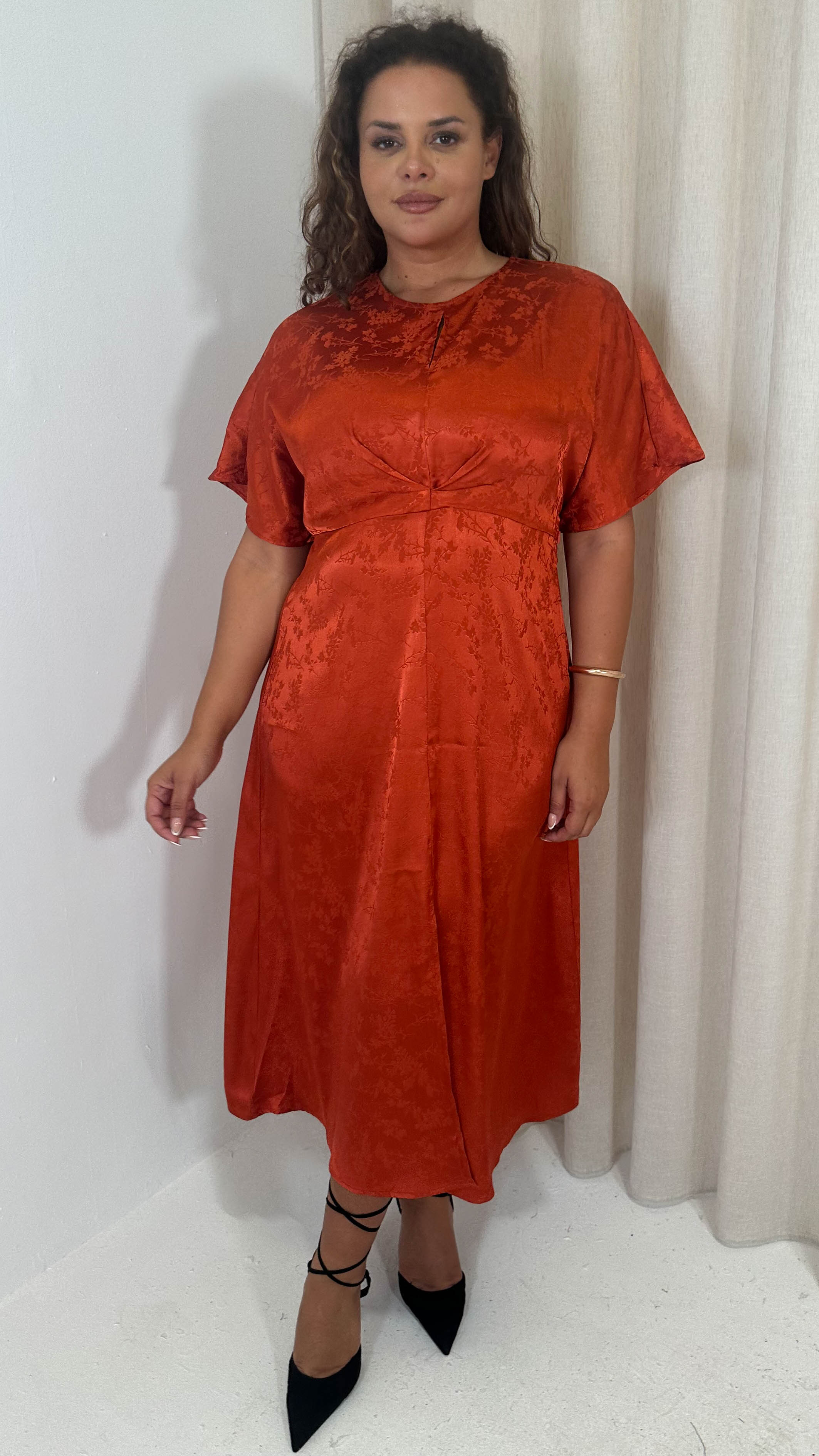 CurveWow Keyhole Oriental Satin Dress Rust