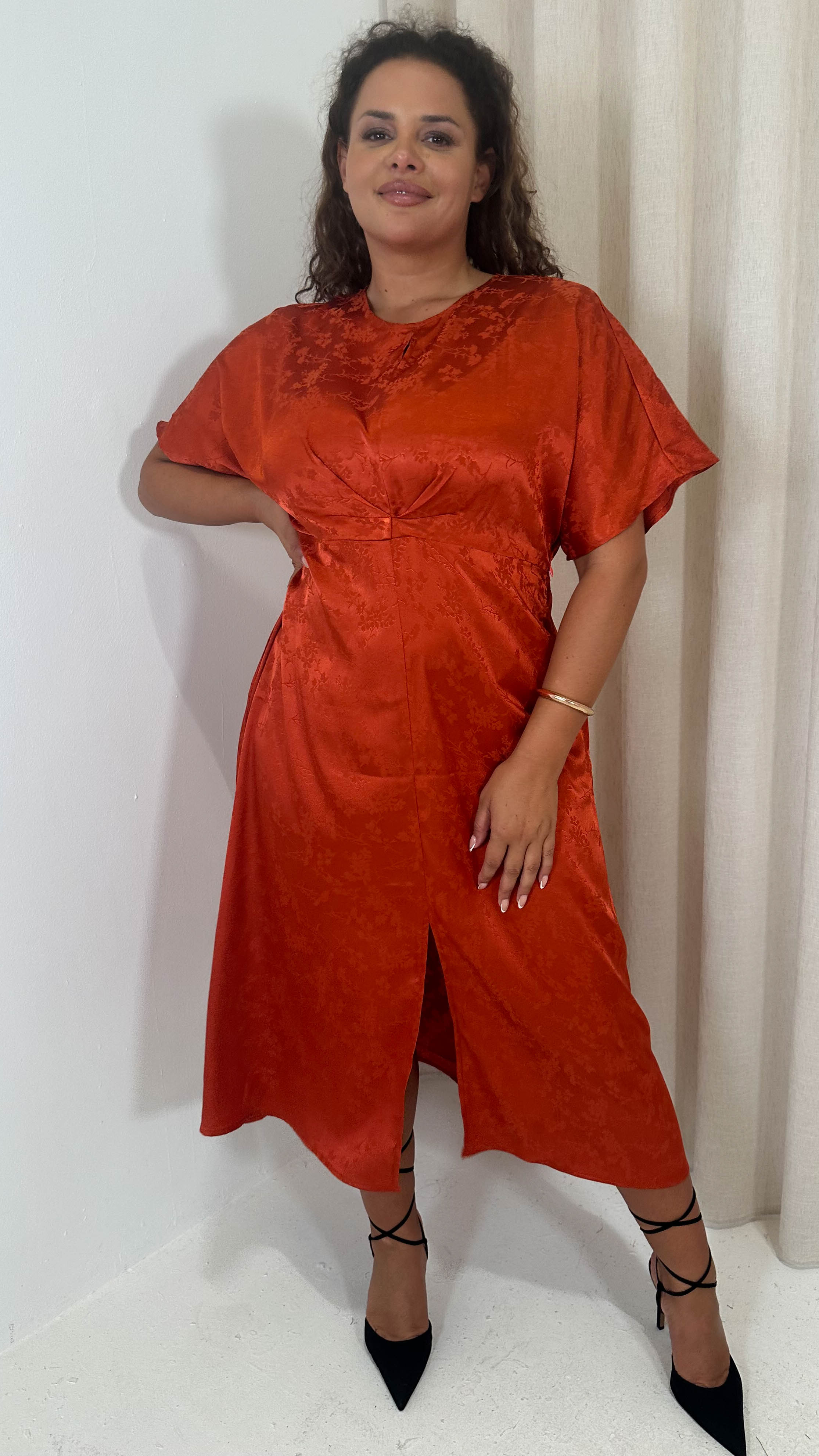 CurveWow Keyhole Oriental Satin Dress Rust