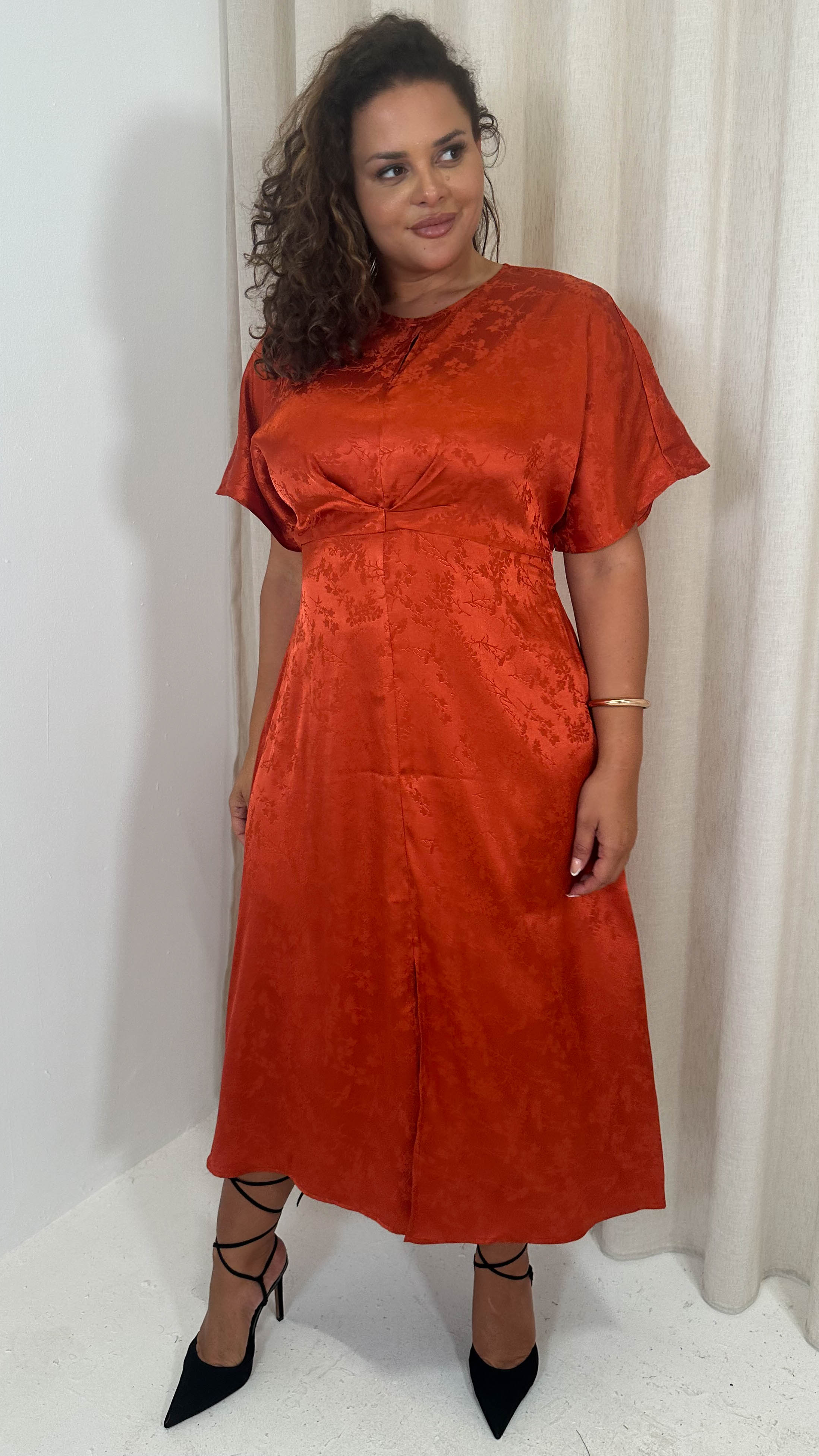 CurveWow Keyhole Oriental Satin Dress Rust