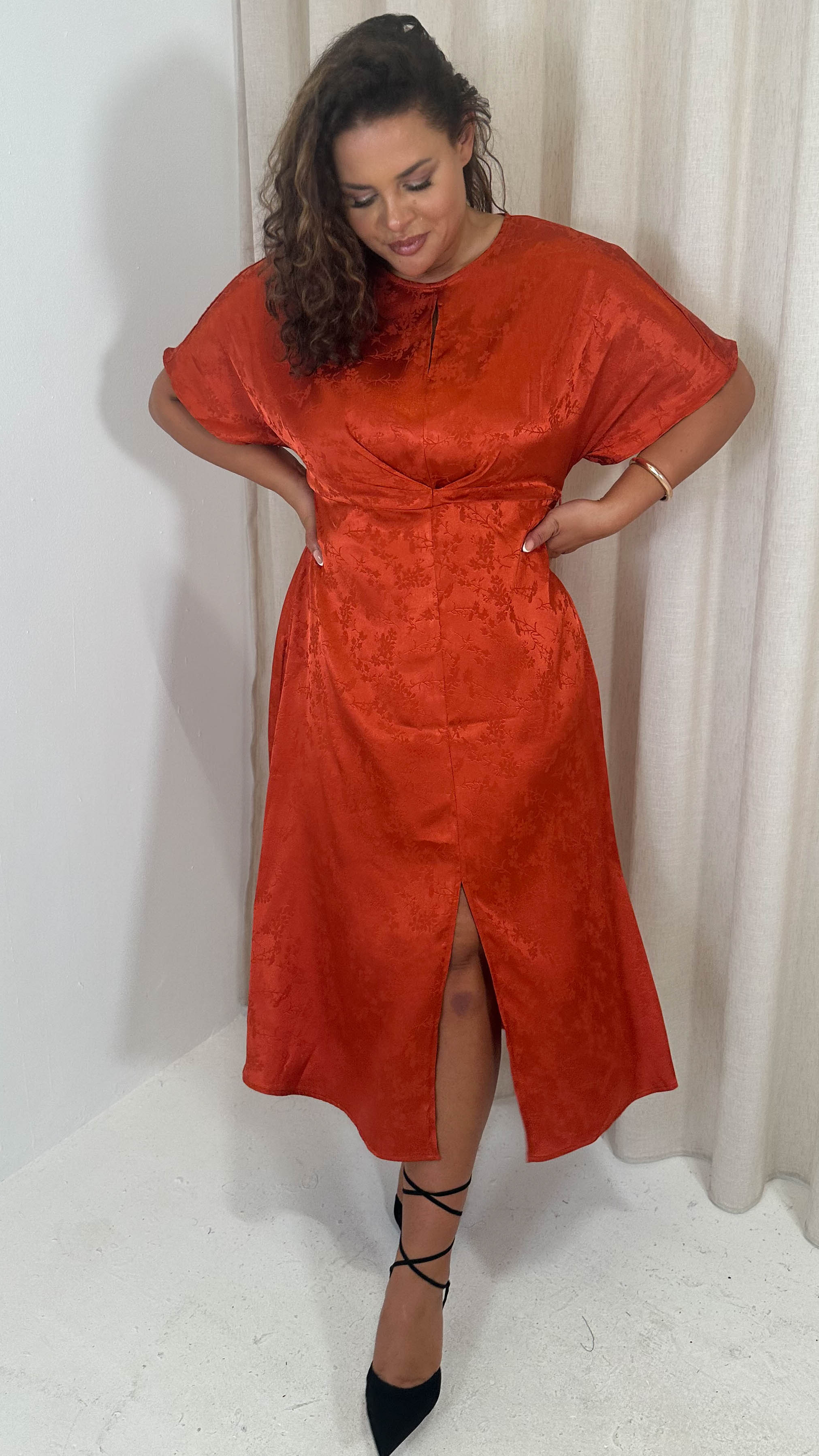 CurveWow Keyhole Oriental Satin Dress Rust
