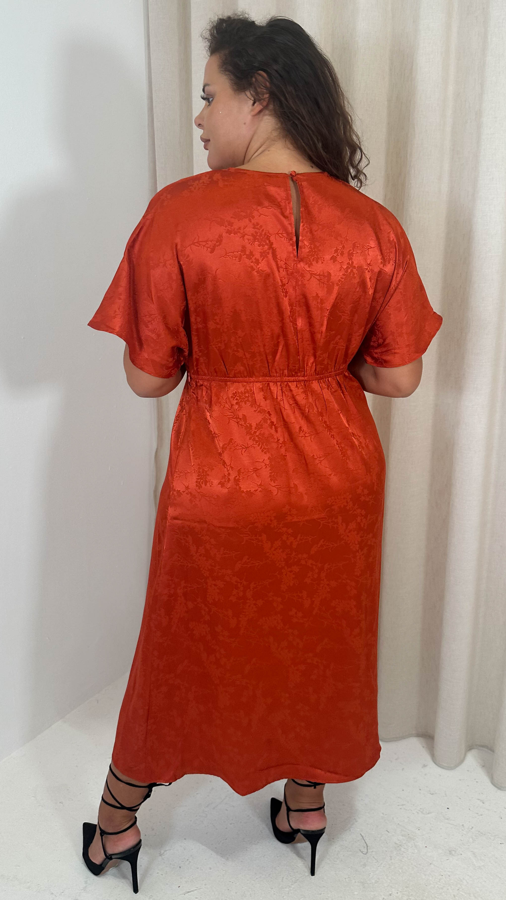 CurveWow Keyhole Oriental Satin Dress Rust