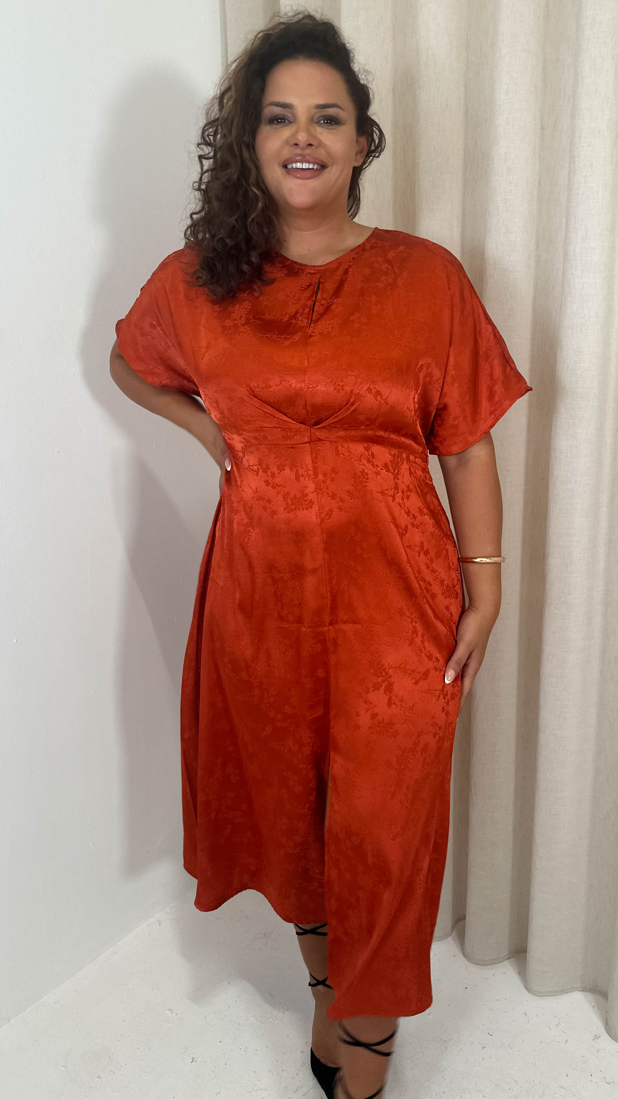 CurveWow Keyhole Oriental Satin Dress Rust