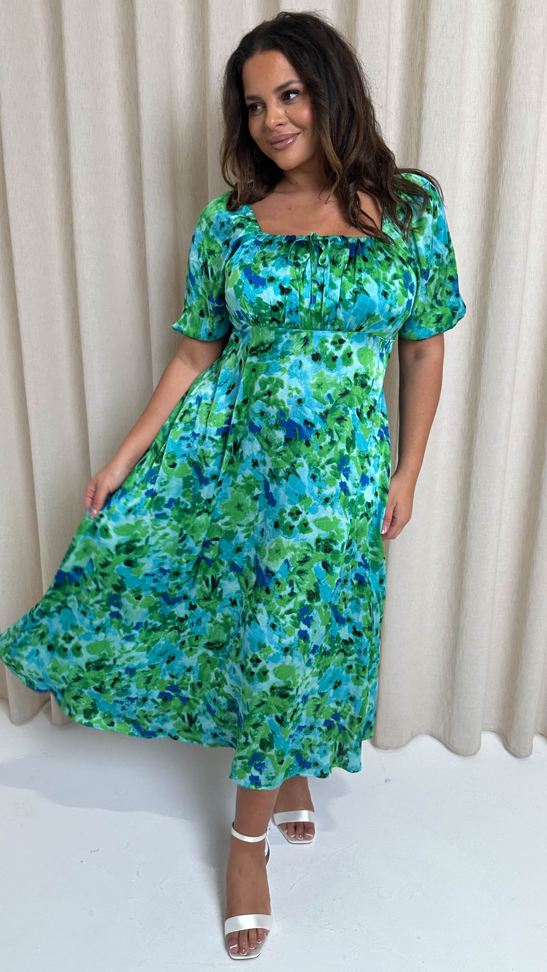 green milkmaid dress Floral Cotton Featuring a flattering scoop neck CurveWow Floral Milkmaid Dress Green