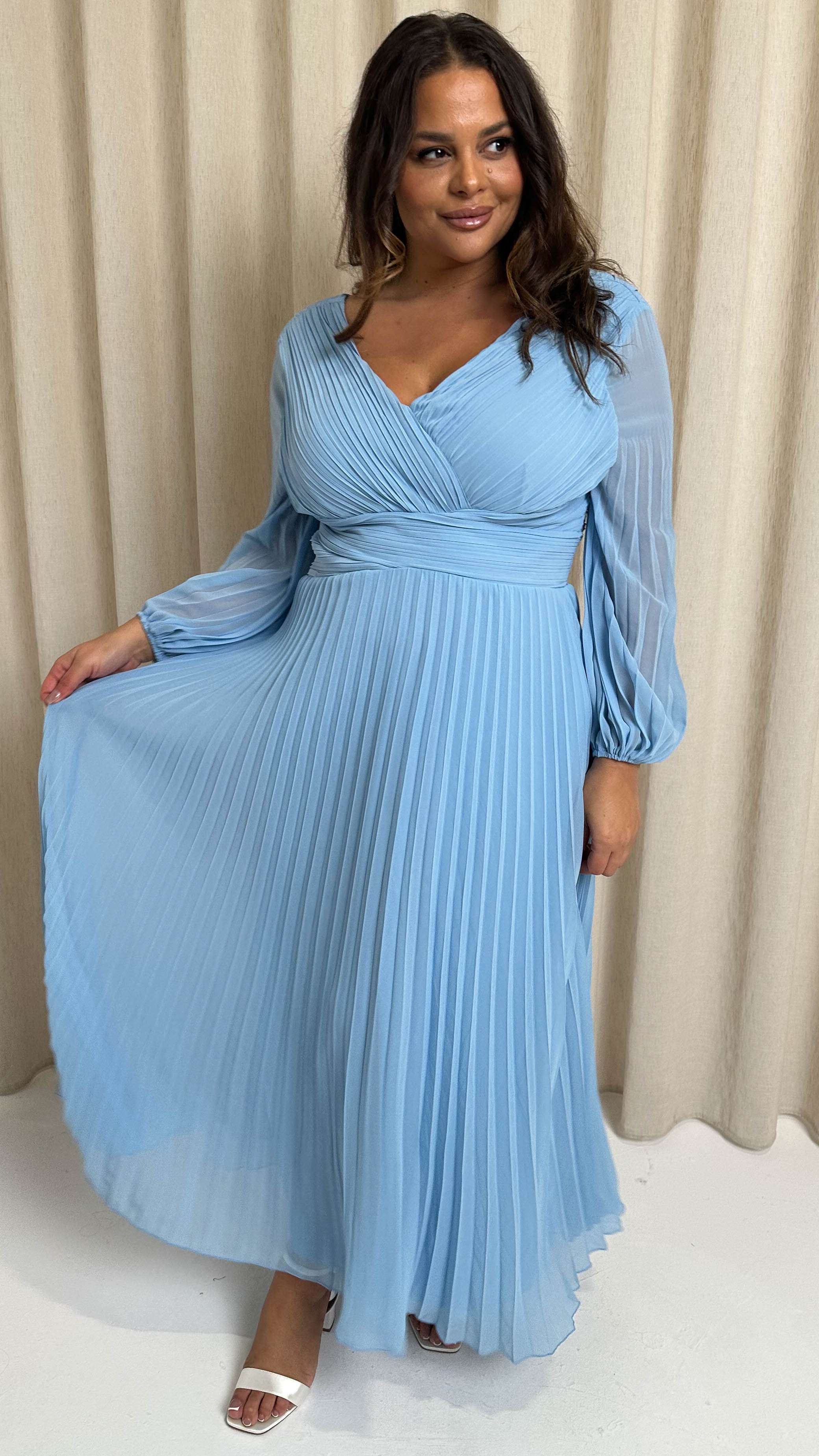 CurveWow Pleated Wrap Maxi Dress Light Blue