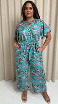 CurveWow Cut Out Drape Sleeve Jumpsuit Turquoise Palm