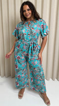 CurveWow Cut Out Drape Sleeve Jumpsuit Turquoise Palm