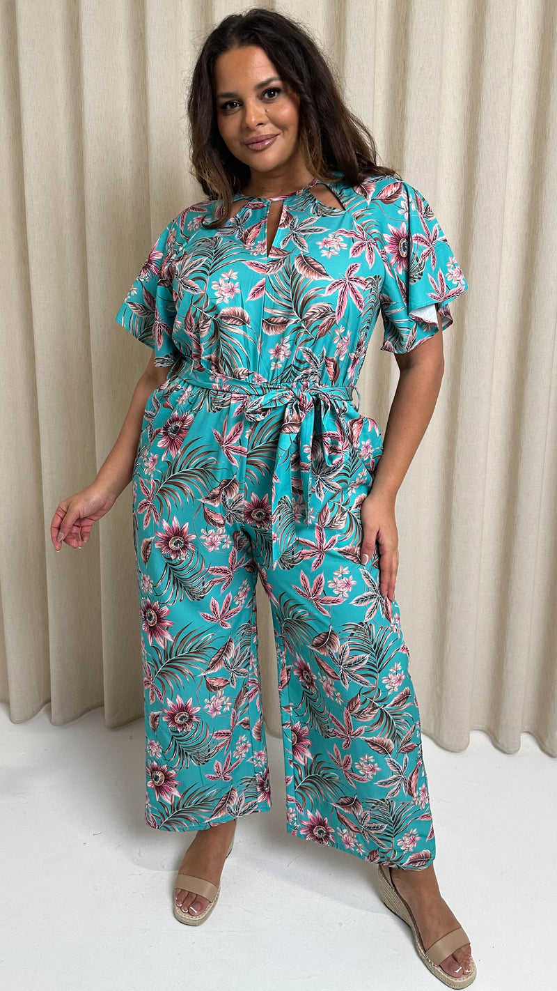 CurveWow Cut Out Drape Sleeve Jumpsuit Turquoise Palm