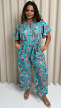 CurveWow Cut Out Drape Sleeve Jumpsuit Turquoise Palm