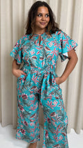CurveWow Cut Out Drape Sleeve Jumpsuit Turquoise Palm