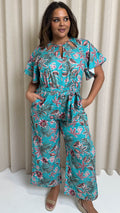 CurveWow Cut Out Drape Sleeve Jumpsuit Turquoise Palm