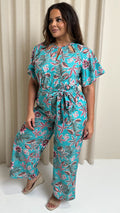 CurveWow Cut Out Drape Sleeve Jumpsuit Turquoise Palm