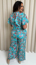CurveWow Cut Out Drape Sleeve Jumpsuit Turquoise Palm
