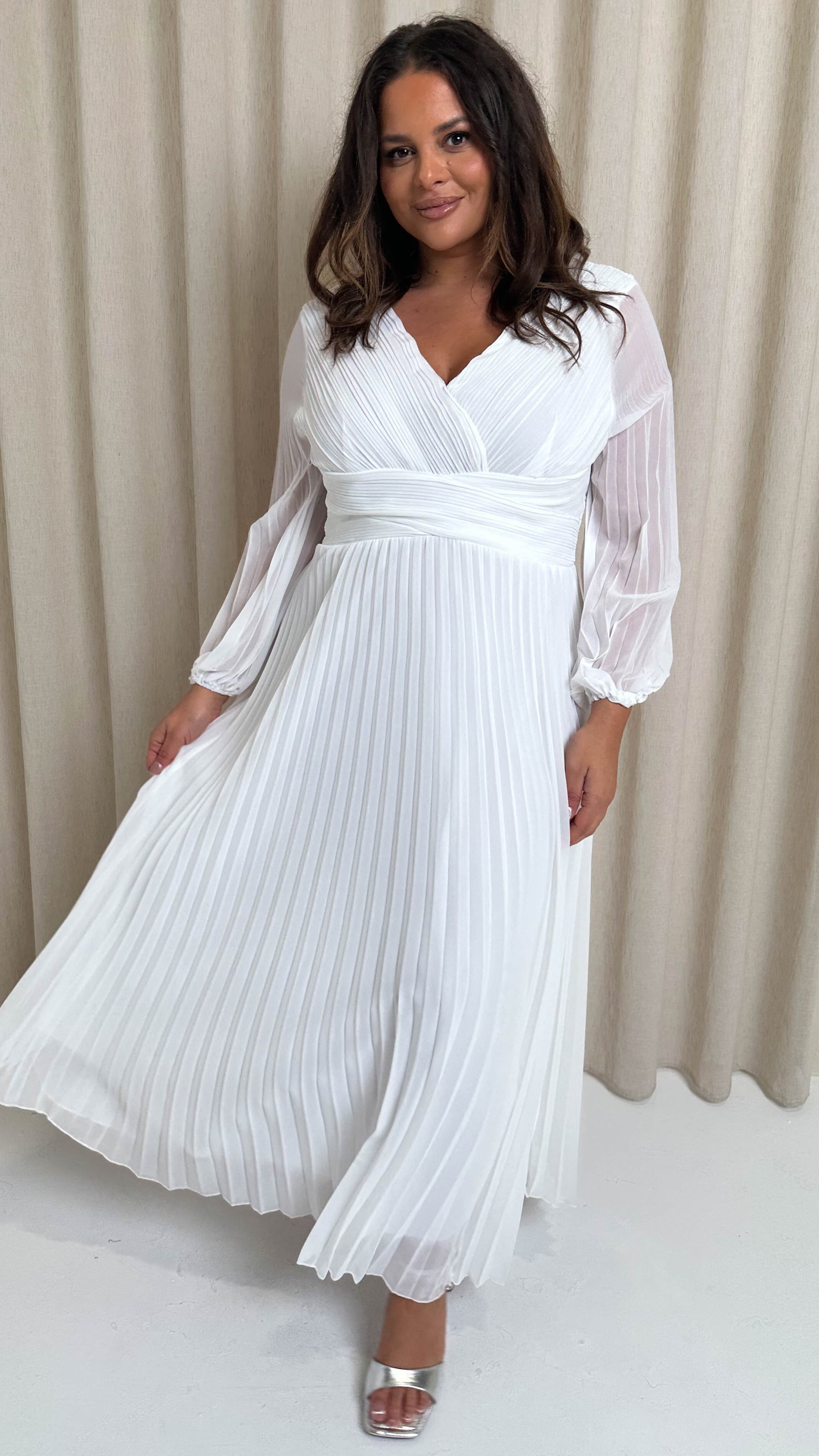 white pleated dress long sleeve Milly Women's Liv Belted Pleated Dress - White