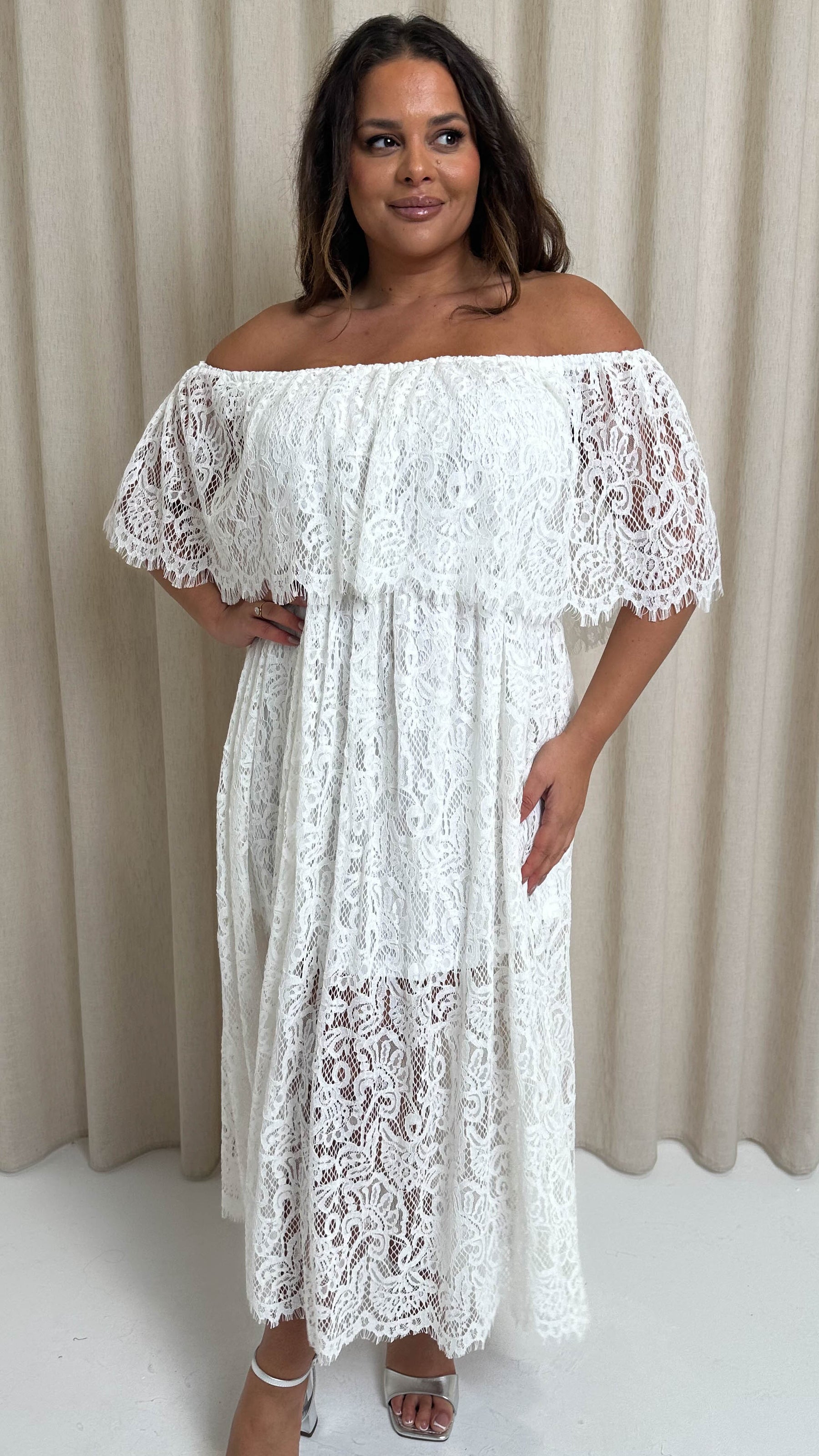 CurveWow Lace Bardot Maxi Dress White Curvewow CurveWow Lace Bardot Maxi Dress White Curvewow