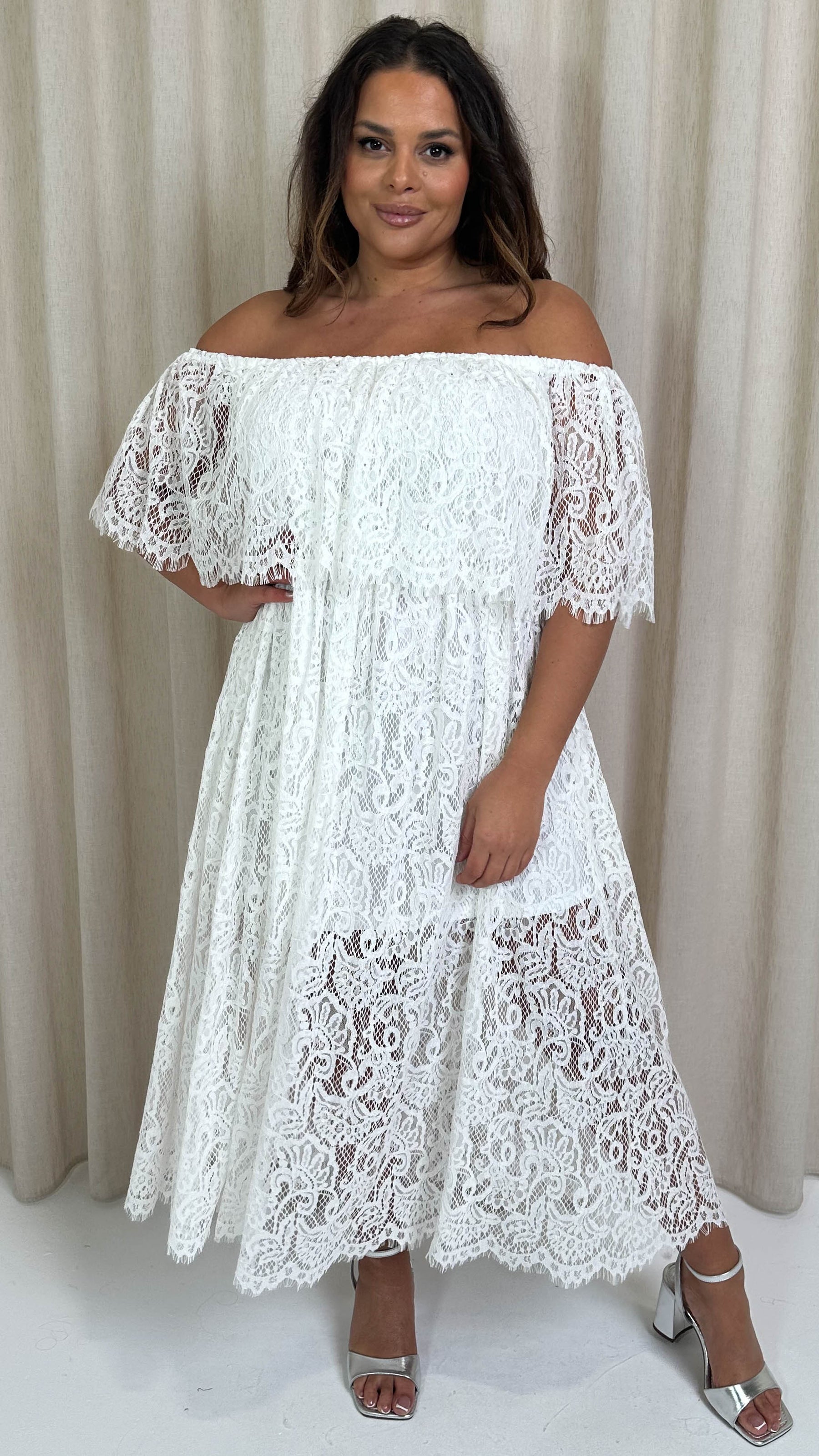 CurveWow Lace Bardot Maxi Dress White Curvewow CurveWow Lace Bardot Maxi Dress White Curvewow